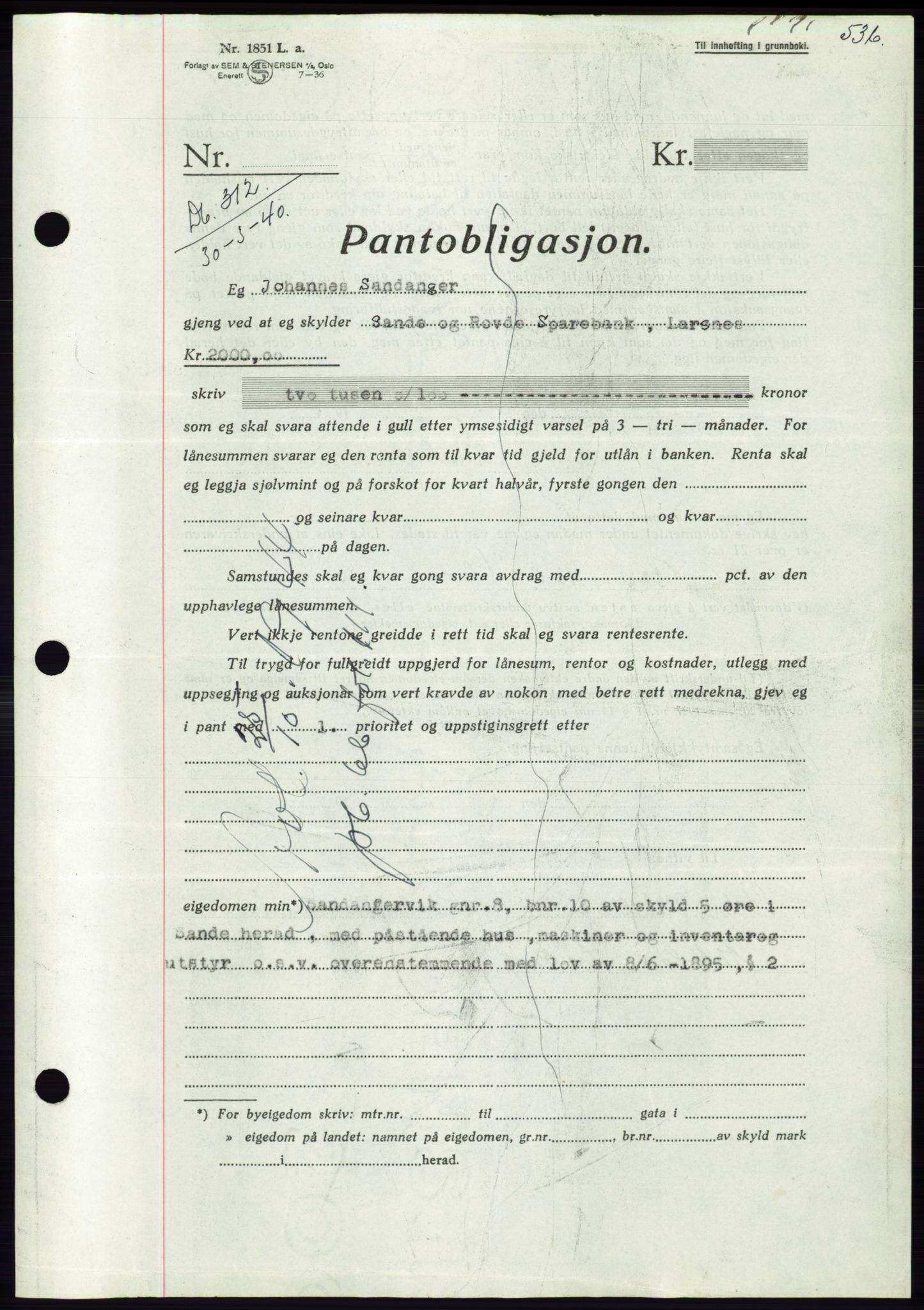 Søre Sunnmøre sorenskriveri, SAT/A-4122/1/2/2C/L0069: Pantebok nr. 63, 1939-1940, Dagboknr: 312/1940