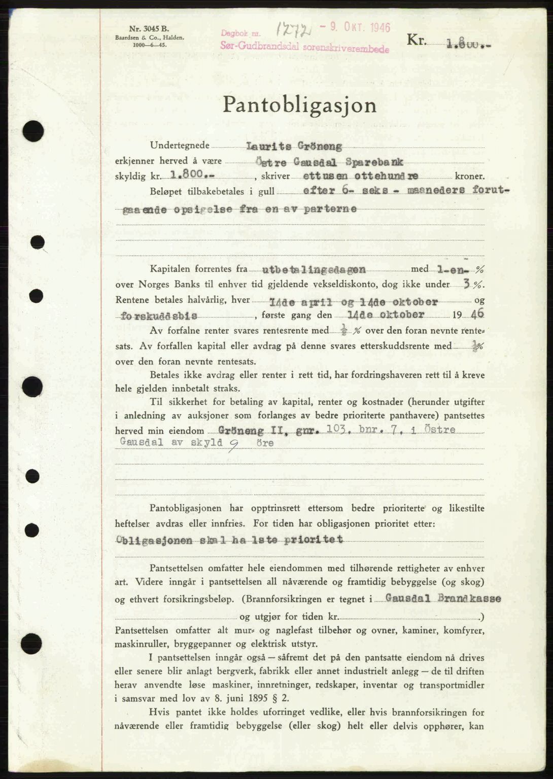 Sør-Gudbrandsdal tingrett, SAH/TING-004/H/Hb/Hbe/L0003: Pantebok nr. B3, 1943-1948, Dagboknr: 1272/1946
