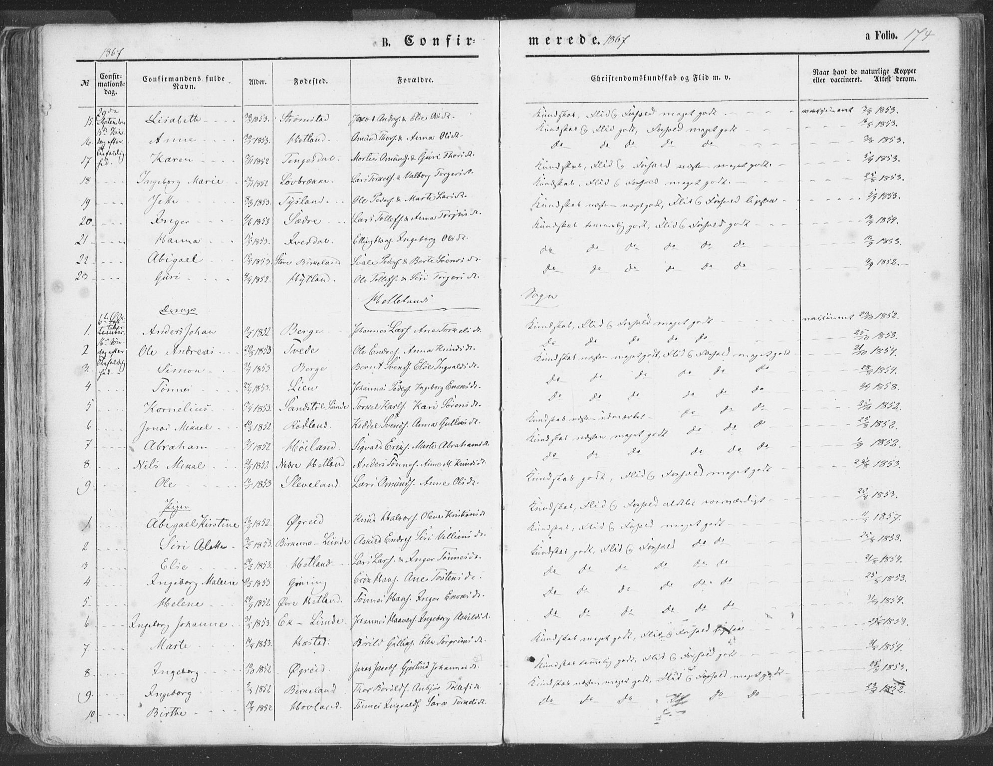 Helleland sokneprestkontor, SAST/A-101810: Ministerialbok nr. A 7.1, 1863-1886, s. 174