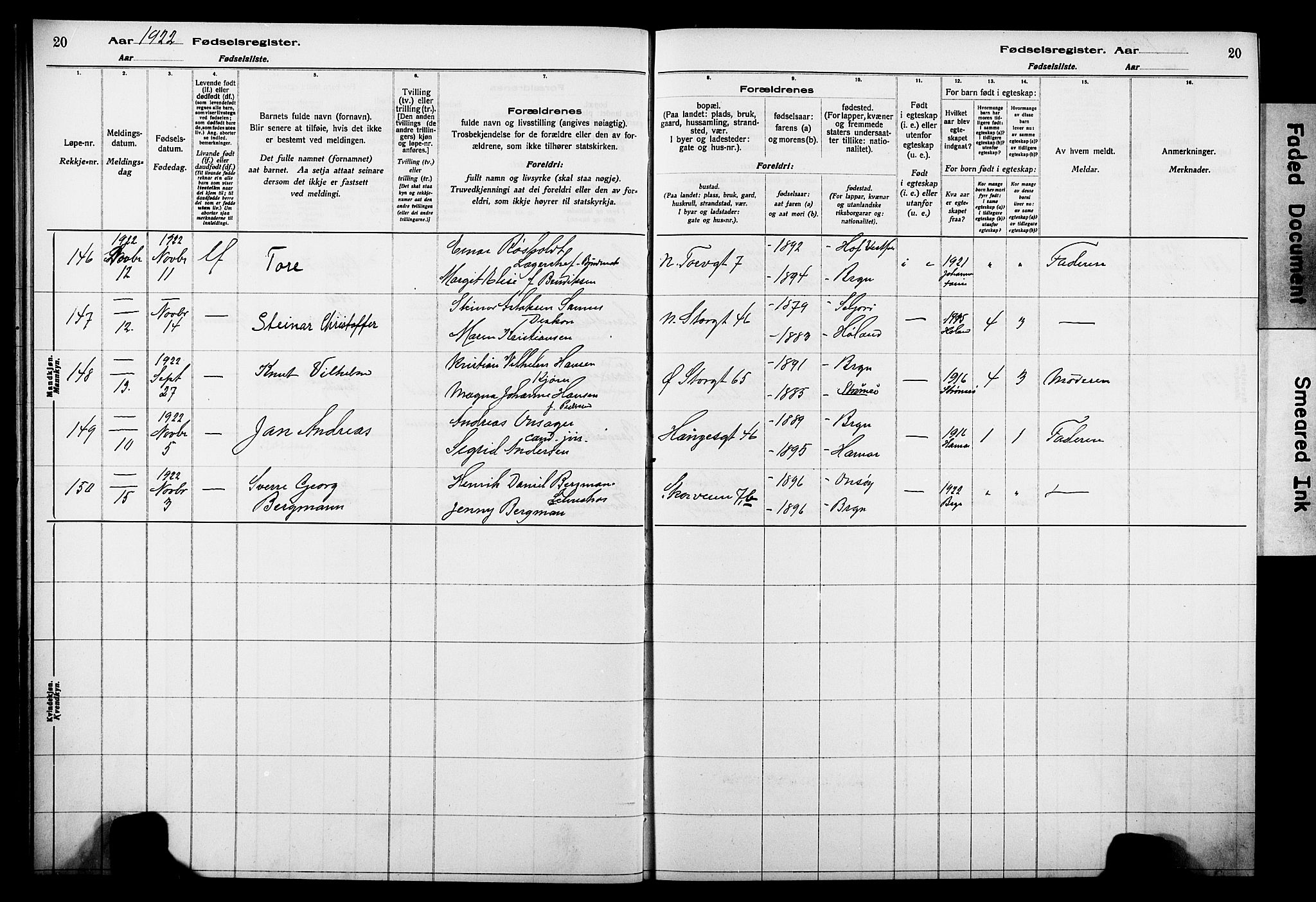 Bragernes kirkebøker, AV/SAKO-A-6/J/Ja/L0002: Fødselsregister nr. 2, 1922-1930, s. 20