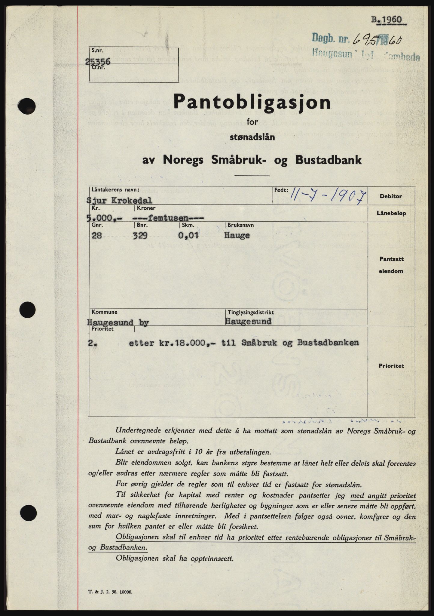 Haugesund tingrett, SAST/A-101415/01/II/IIC/L0046: Pantebok nr. B 46, 1960-1960, Dagboknr: 695/1960