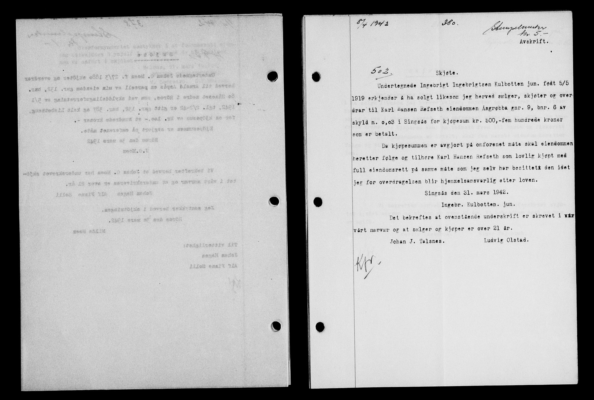 Gauldal sorenskriveri, SAT/A-0014/1/2/2C/L0054: Pantebok nr. 59, 1941-1942, Dagboknr: 502/1942