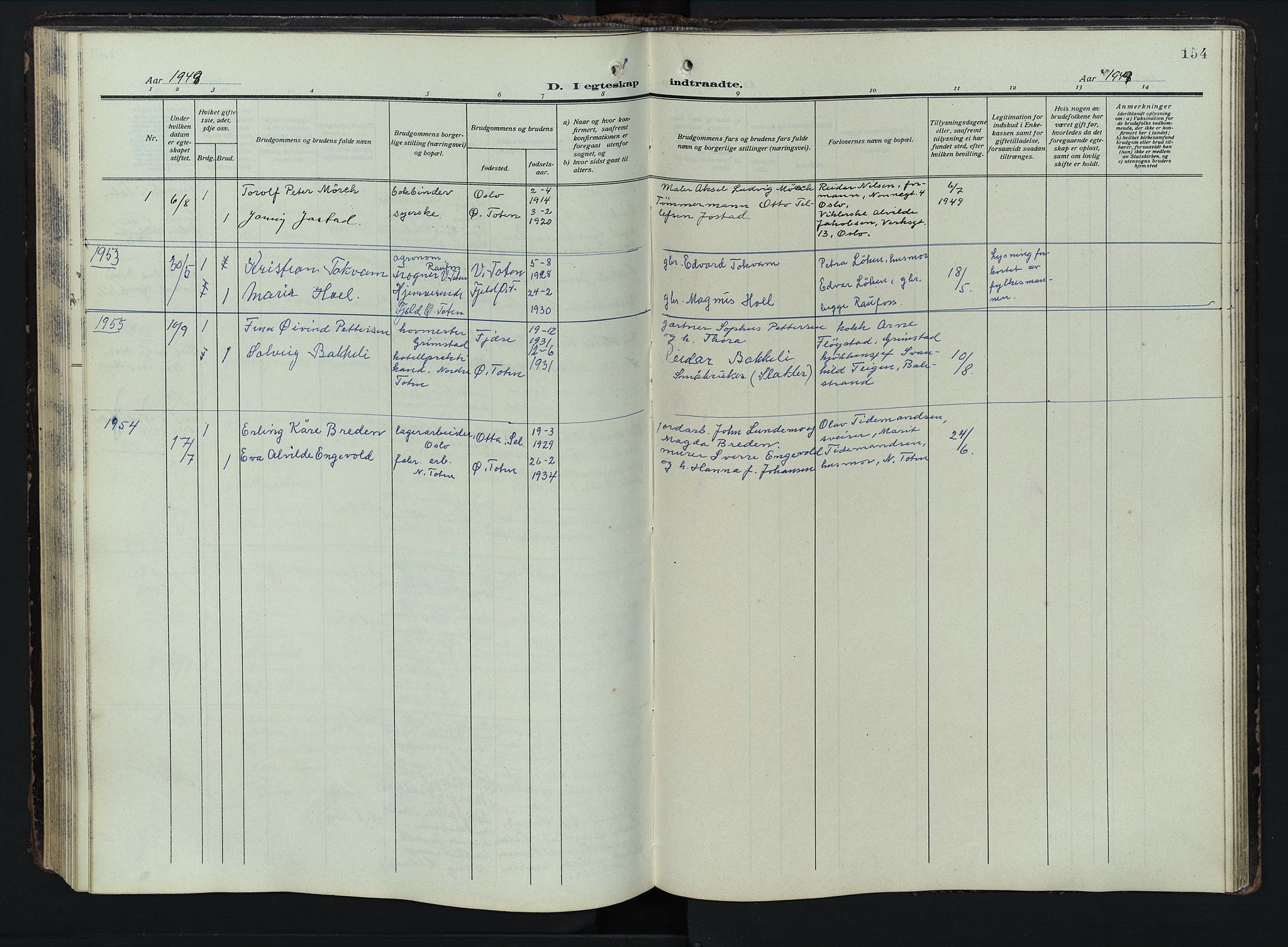 Østre Toten prestekontor, AV/SAH-PREST-104/H/Ha/Hab/L0009: Klokkerbok nr. 9, 1908-1956, s. 154