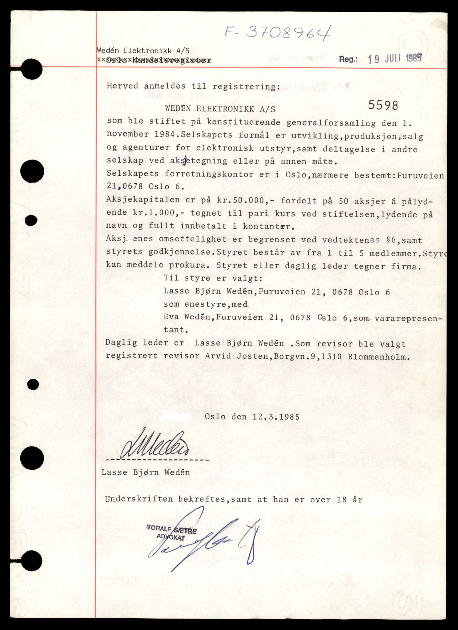 Oslo byfogd, Handelsregisteret, SAT/A-10867/G/Gb/Gbb/L0103: Registreringsmeldinger, Ve-Ø, 1987, s. 3