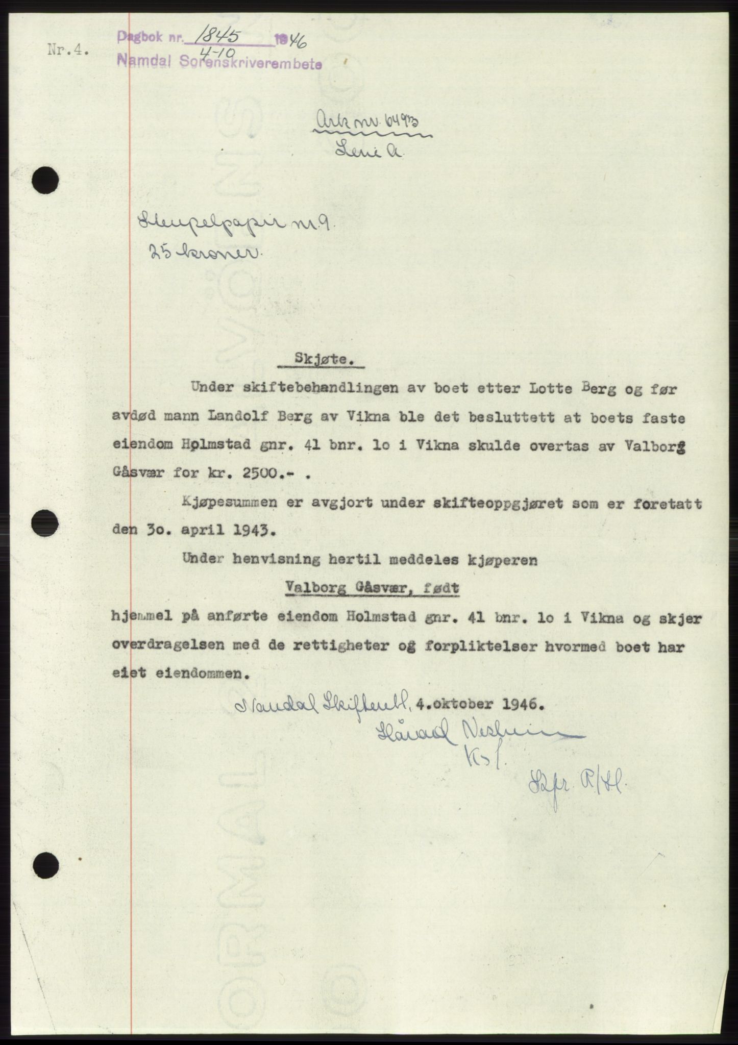 Namdal sorenskriveri, SAT/A-4133/1/2/2C: Pantebok nr. -, 1946-1947, Dagboknr: 1845/1946