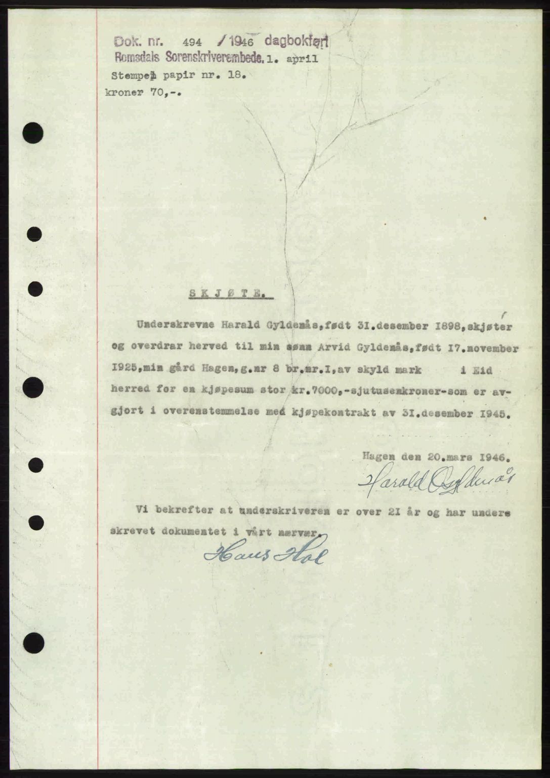 Romsdal sorenskriveri, SAT/A-4149/1/2/2C: Pantebok nr. A19, 1946-1946, Dagboknr: 494/1946