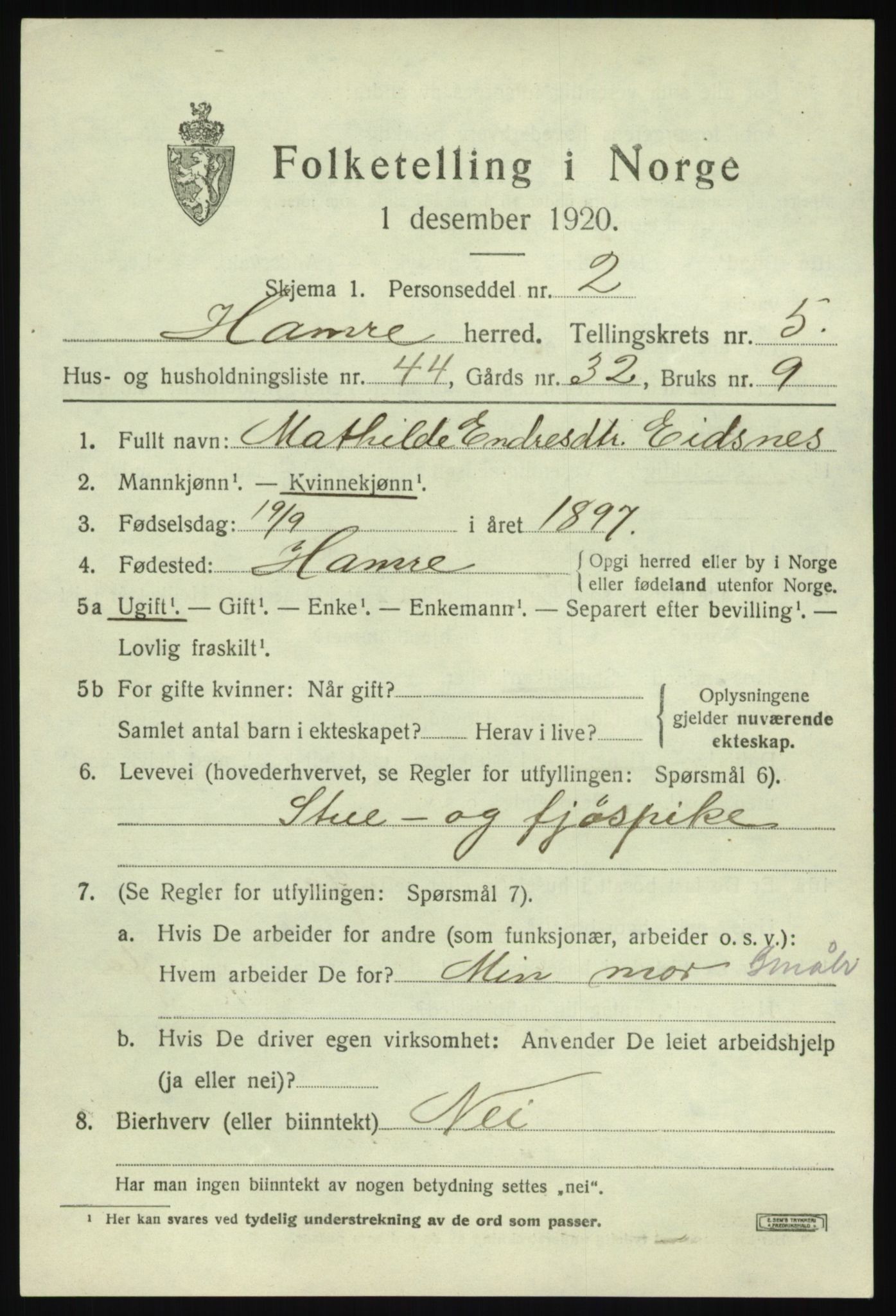 SAB, Folketelling 1920 for 1254 Hamre herred, 1920, s. 3429