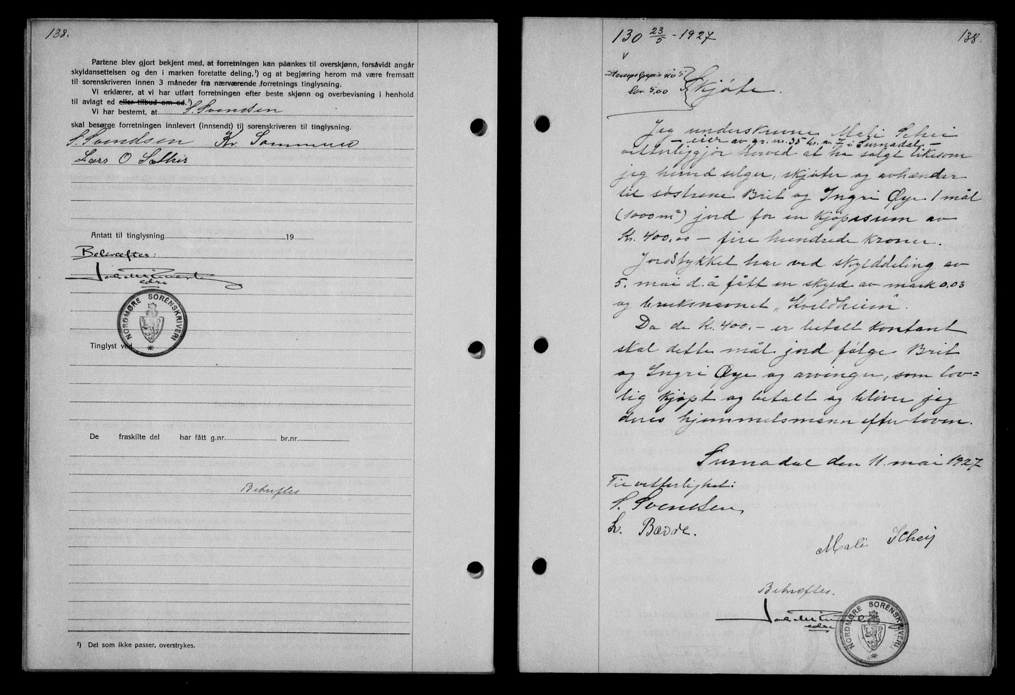 Nordmøre sorenskriveri, AV/SAT-A-4132/1/2/2Ca/L0062: Pantebok nr. 52, 1927-1927, Tingl.dato: 23.05.1927