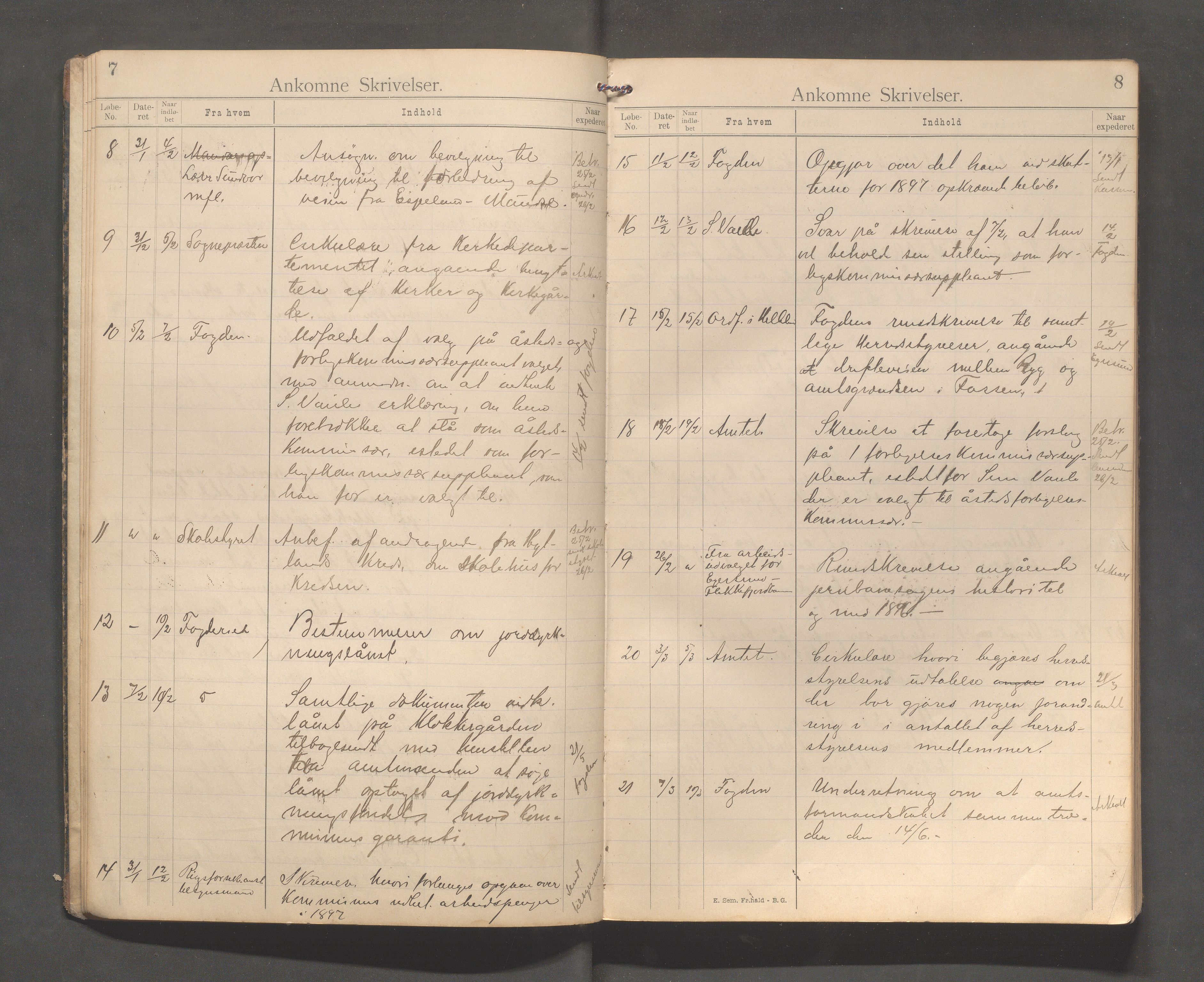 Bjerkreim kommune - Formannskapet/Sentraladministrasjonen, IKAR/K-101531/C/Ca/L0001: Journal, 1896-1911, s. 7-8