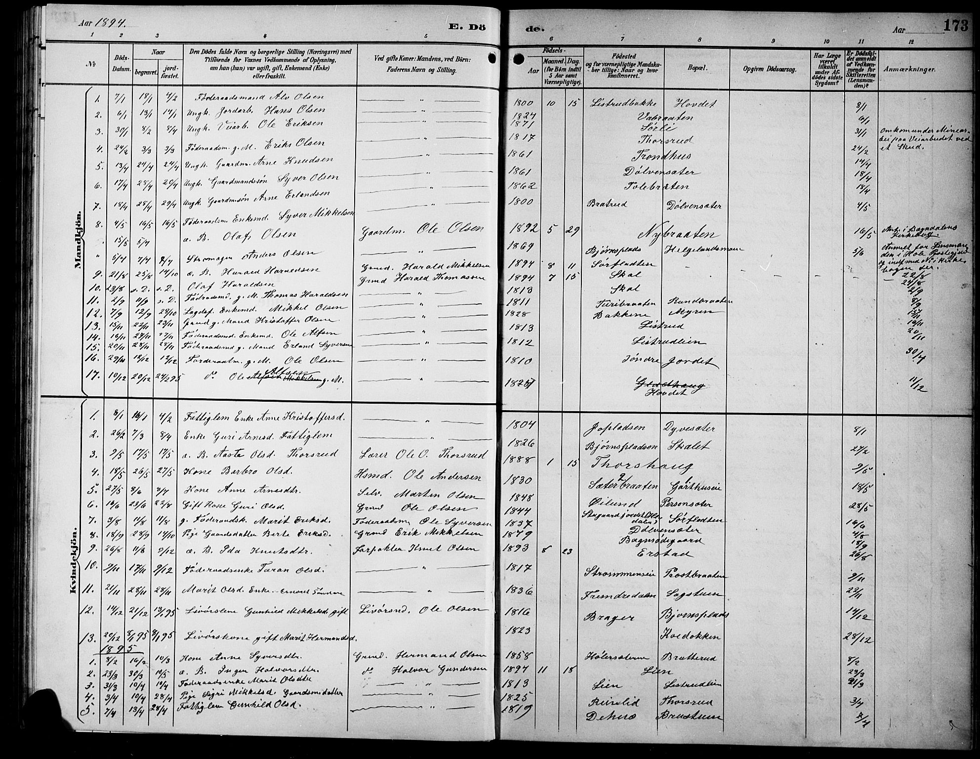 Sør-Aurdal prestekontor, SAH/PREST-128/H/Ha/Hab/L0009: Klokkerbok nr. 9, 1894-1924, s. 173