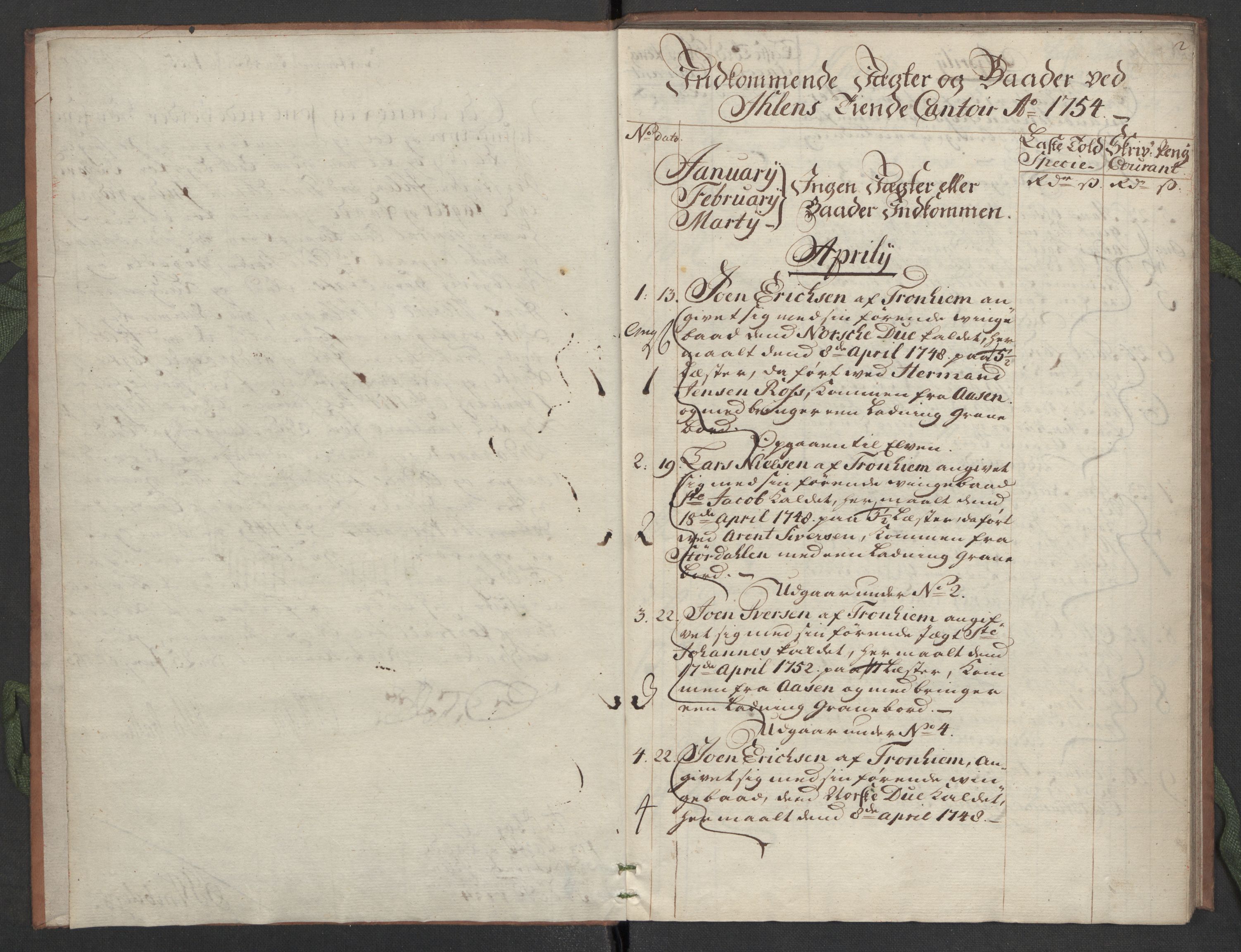 Generaltollkammeret, tollregnskaper, AV/RA-EA-5490/R33/L0041/0001: Tollregnskaper Trondheim A / Tollbok for Ilen, 1754