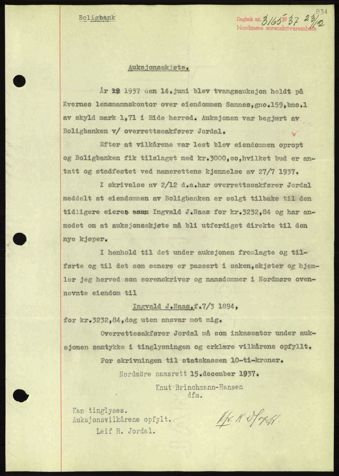 Nordmøre sorenskriveri, SAT/A-4132/1/2/2Ca: Pantebok nr. A82, 1937-1938, Dagboknr: 3165/1937
