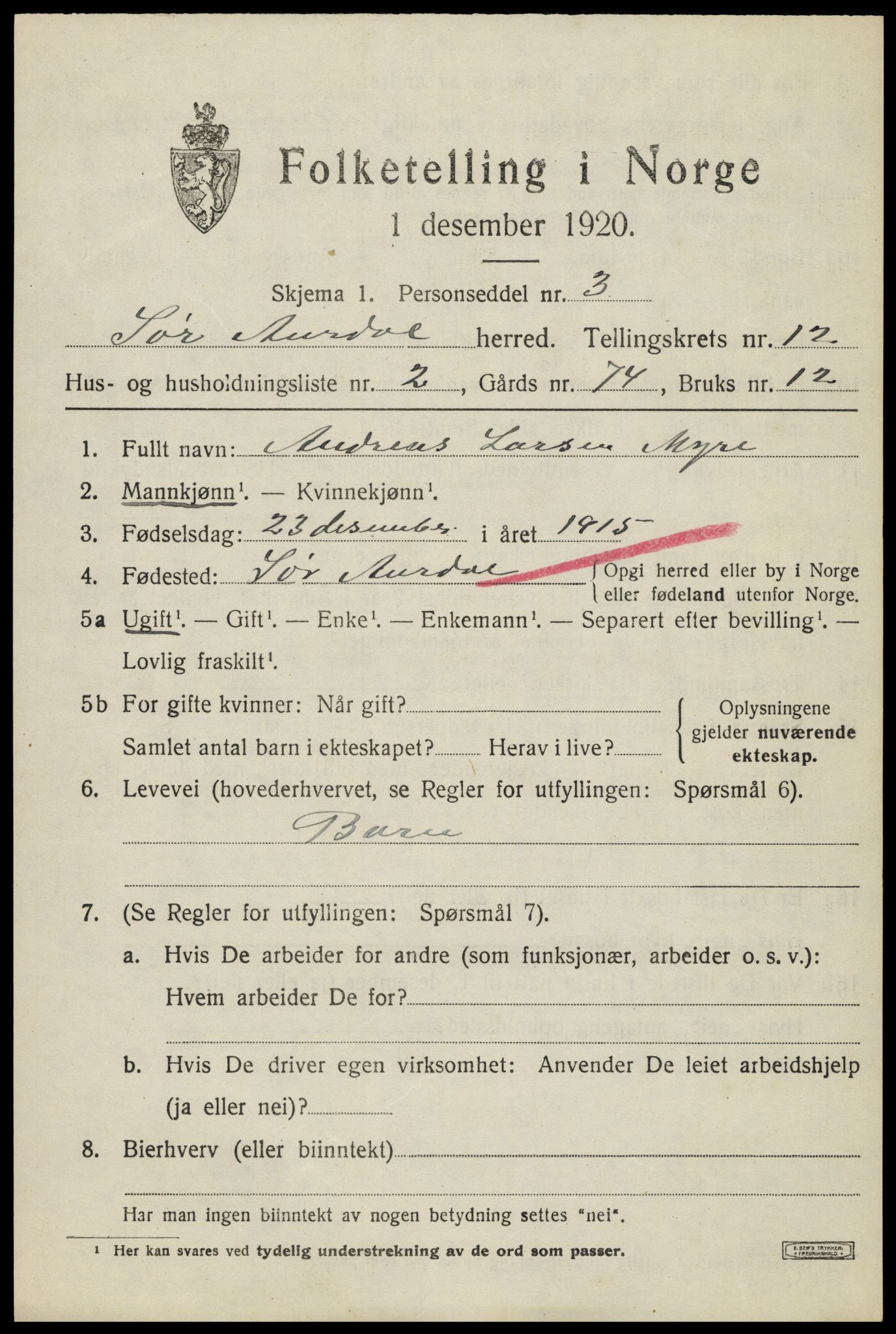 SAH, Folketelling 1920 for 0540 Sør-Aurdal herred, 1920, s. 6679