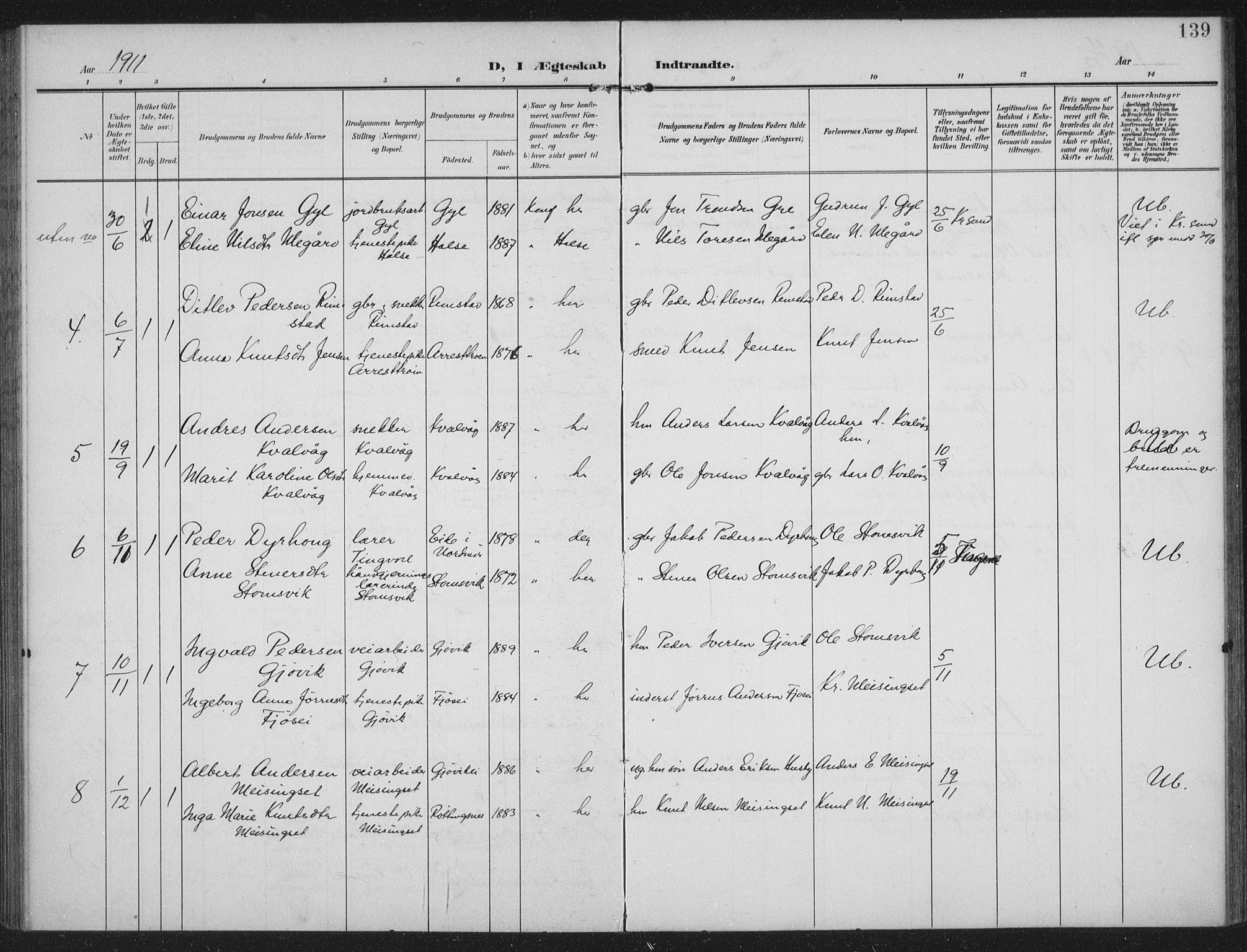 Ministerialprotokoller, klokkerbøker og fødselsregistre - Møre og Romsdal, AV/SAT-A-1454/586/L0989: Ministerialbok nr. 586A15, 1906-1915, s. 139