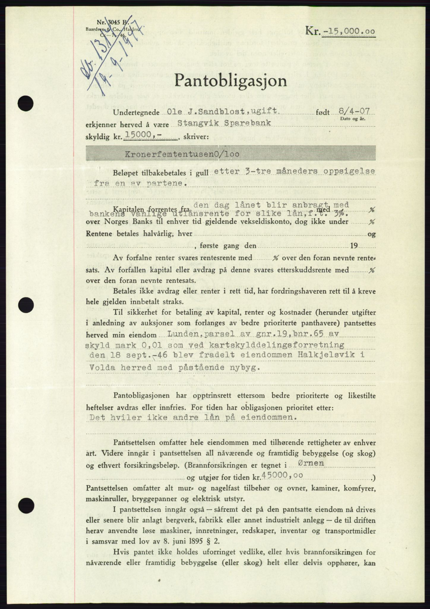 Søre Sunnmøre sorenskriveri, AV/SAT-A-4122/1/2/2C/L0115: Pantebok nr. 3B, 1947-1948, Dagboknr: 1311/1947