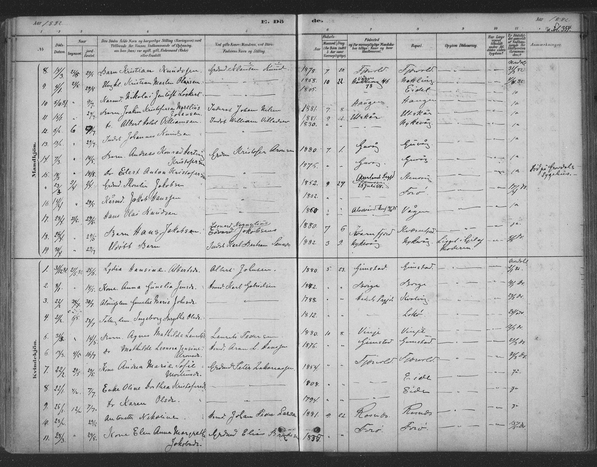 Ministerialprotokoller, klokkerbøker og fødselsregistre - Nordland, AV/SAT-A-1459/891/L1302: Ministerialbok nr. 891A07, 1878-1895, s. 354