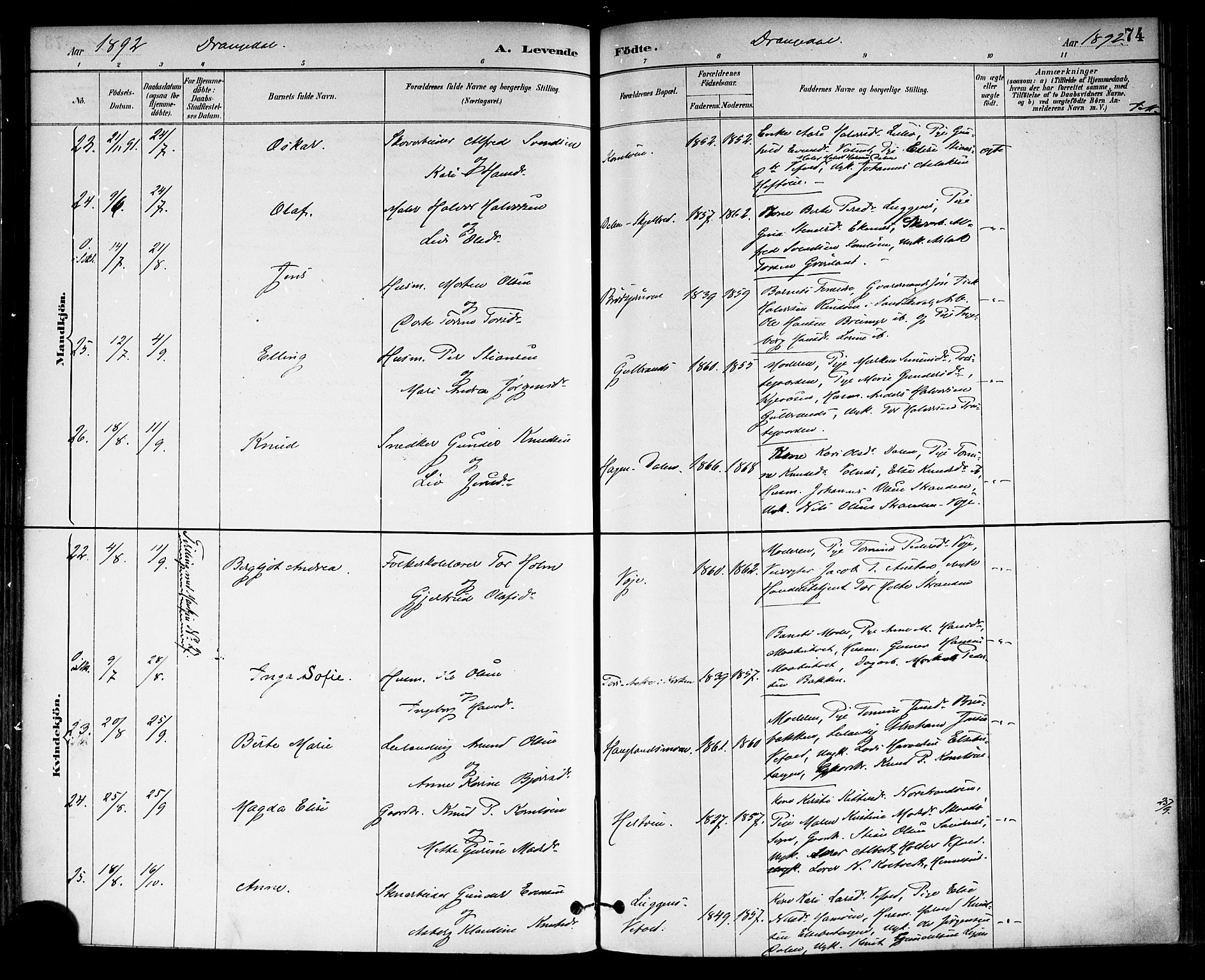 Drangedal kirkebøker, AV/SAKO-A-258/F/Fa/L0010: Ministerialbok nr. 10 /1, 1885-1894, s. 74