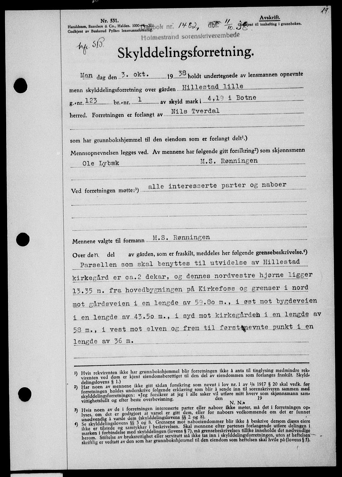 Holmestrand sorenskriveri, SAKO/A-67/G/Ga/Gaa/L0050: Pantebok nr. A-50, 1938-1939, Dagboknr: 1482/1938
