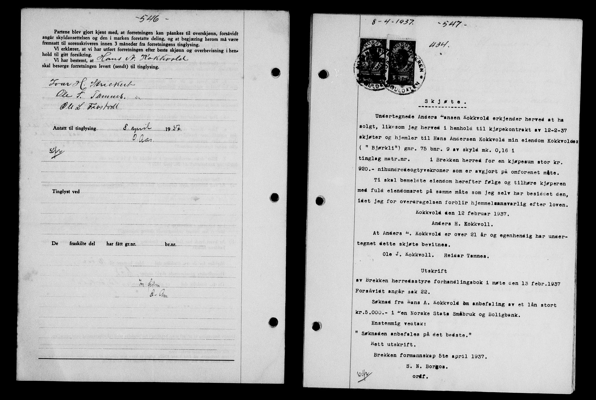 Gauldal sorenskriveri, SAT/A-0014/1/2/2C/L0047: Pantebok nr. 50-51, 1937-1937, Dagboknr: 434/1937