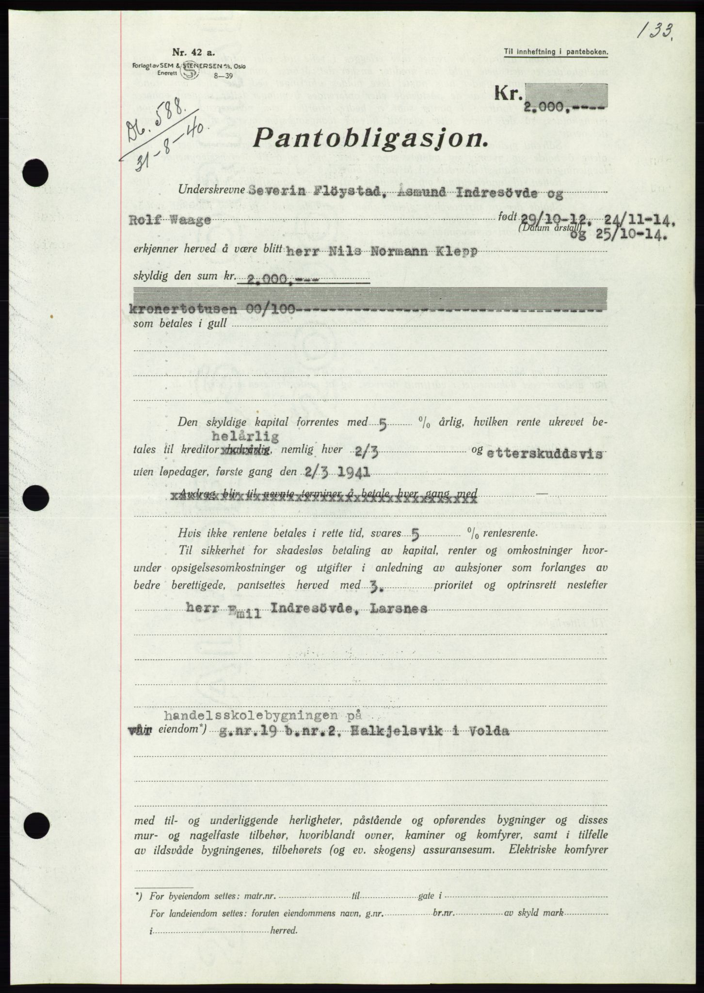 Søre Sunnmøre sorenskriveri, AV/SAT-A-4122/1/2/2C/L0070: Pantebok nr. 64, 1940-1941, Dagboknr: 588/1940