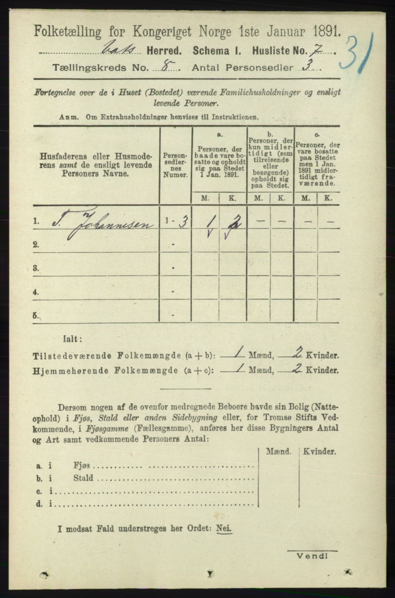 RA, Folketelling 1891 for 1155 Vats herred, 1891, s. 1308