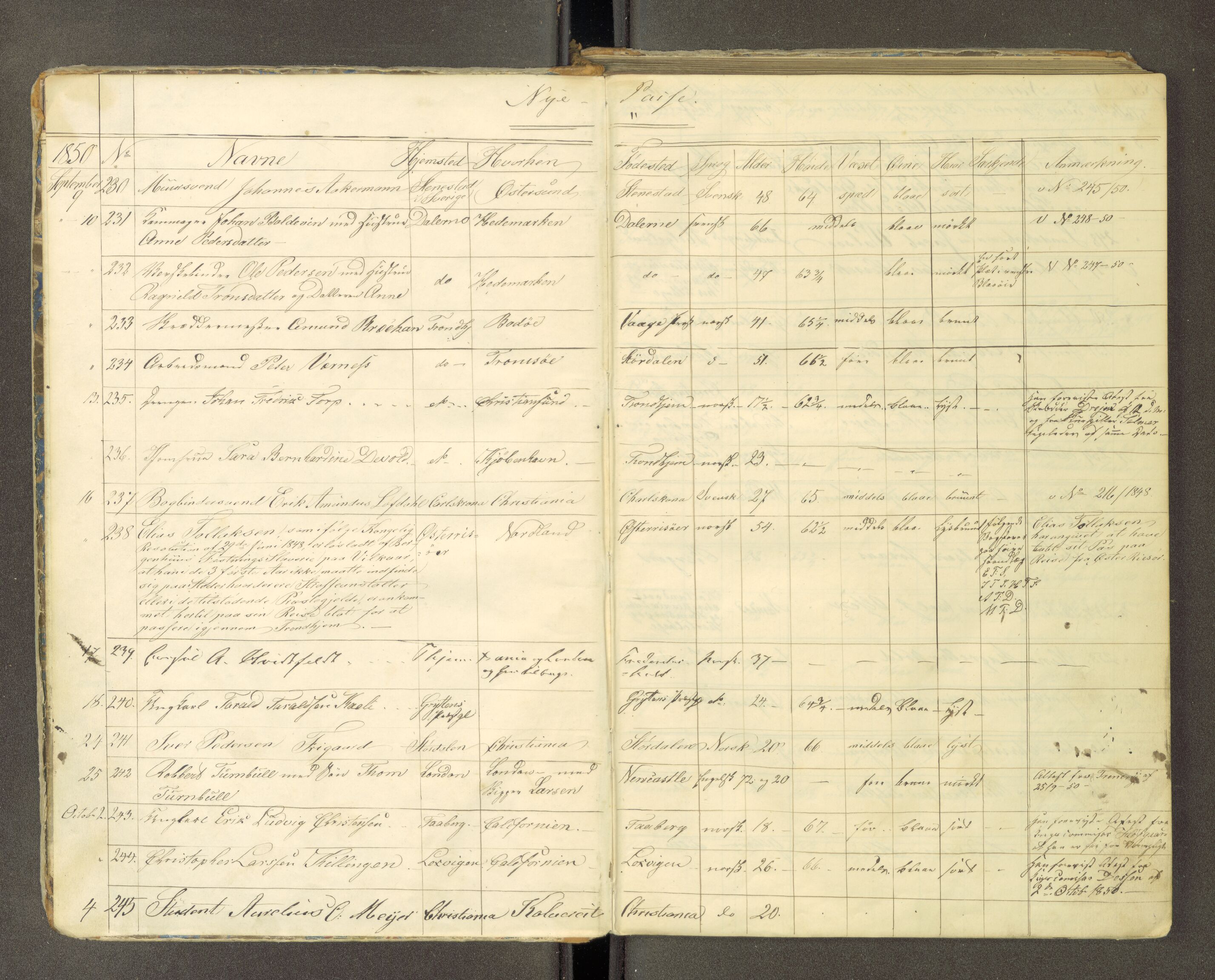 Trondheim politikammer, AV/SAT-A-1887/1/30/L0010: Passprotokoll. Utstedte pass 1850-1855. Innleverte pass 1850-1860, 1850-1860