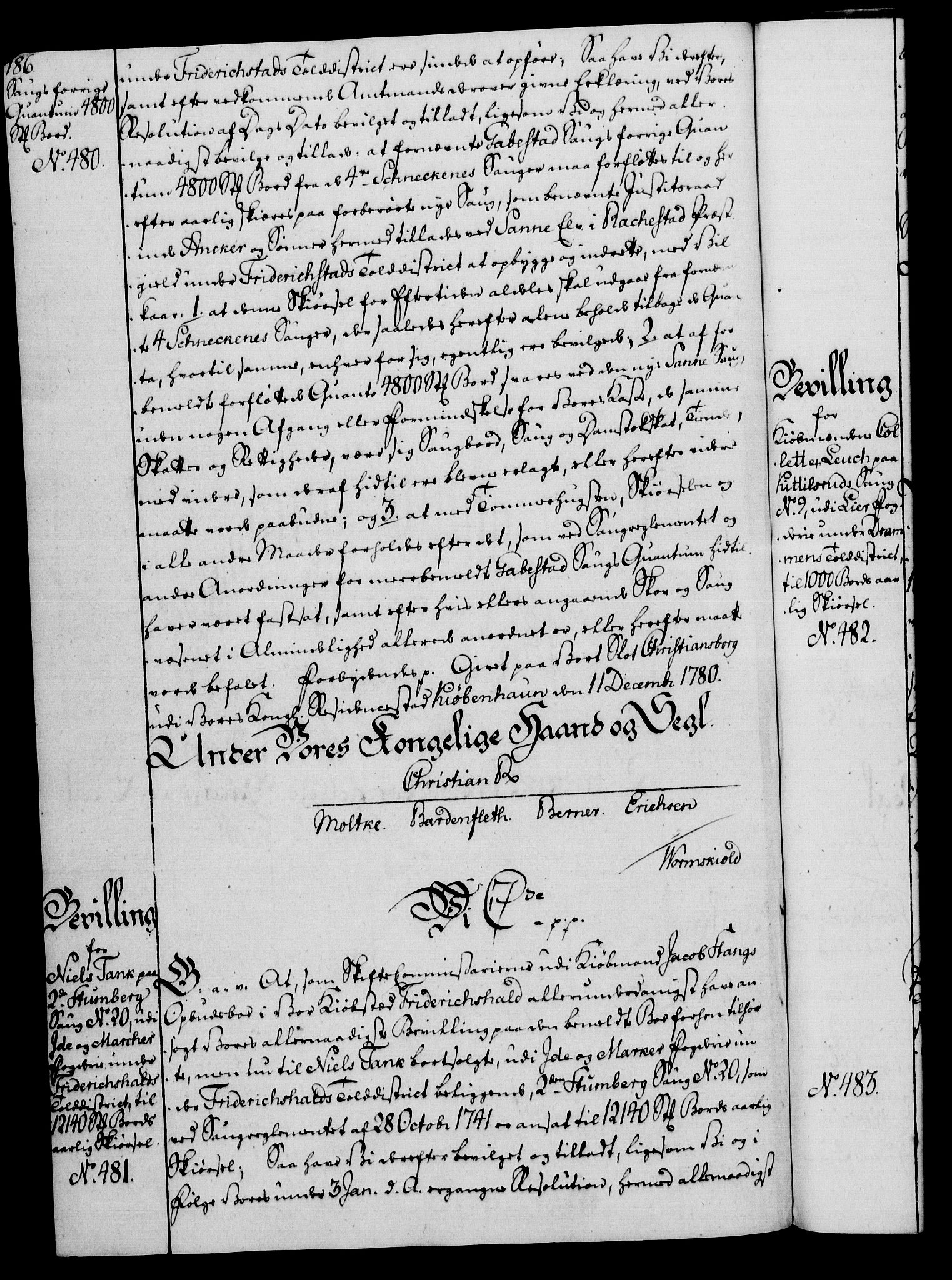 Rentekammeret, Kammerkanselliet, RA/EA-3111/G/Gg/Gga/L0011: Norsk ekspedisjonsprotokoll med register (merket RK 53.11), 1779-1781, s. 186