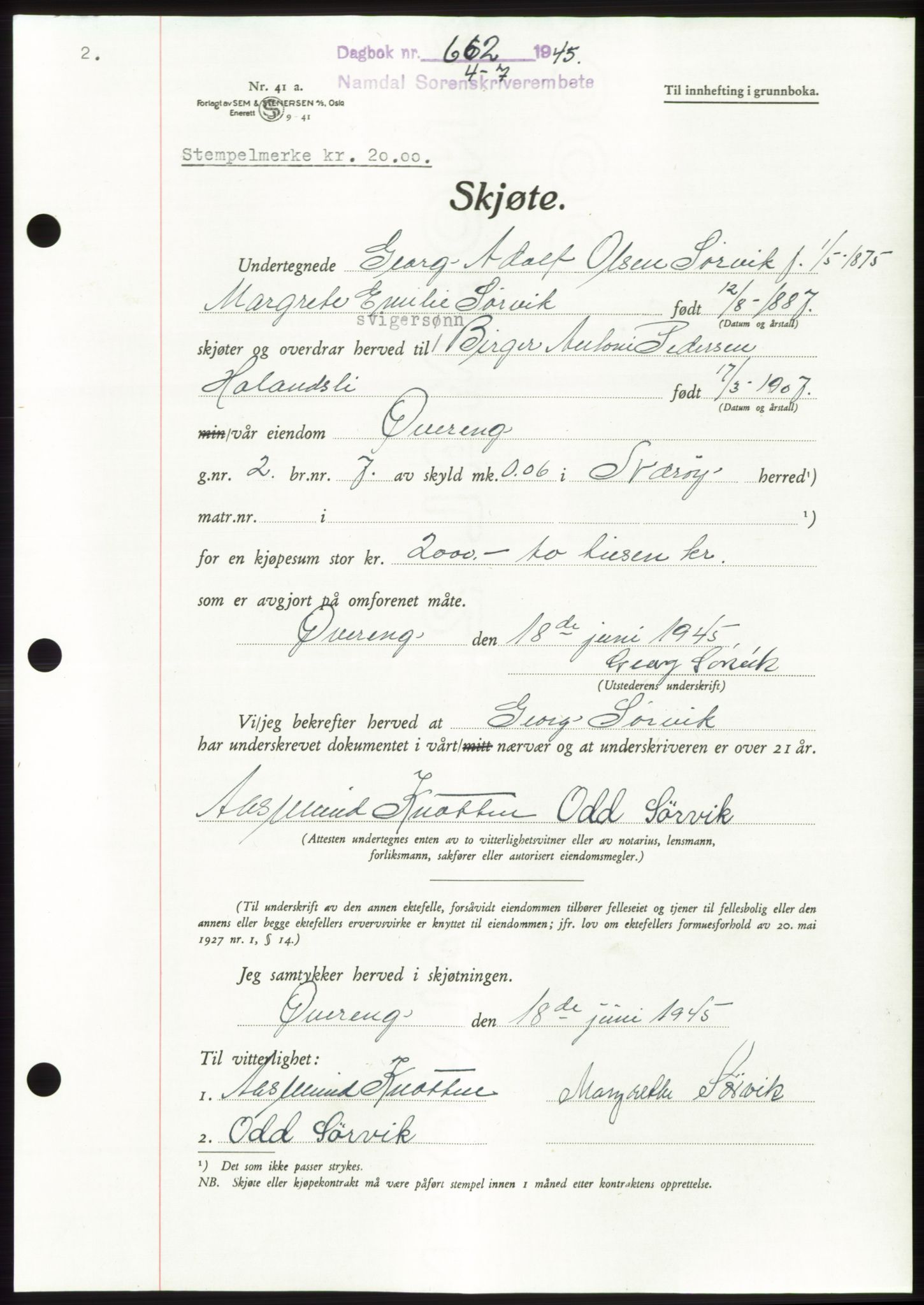 Namdal sorenskriveri, SAT/A-4133/1/2/2C: Pantebok nr. -, 1944-1945, Dagboknr: 662/1945