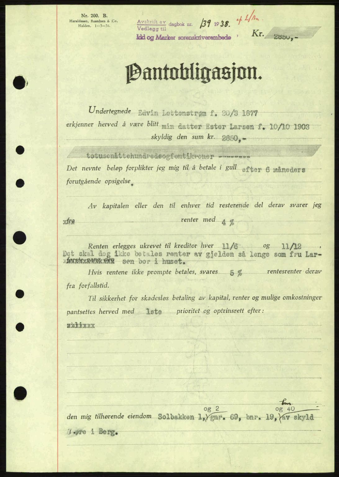 Idd og Marker sorenskriveri, AV/SAO-A-10283/G/Gb/Gbc/L0001: Pantebok nr. B1-3, 1936-1939, Dagboknr: 139/1938