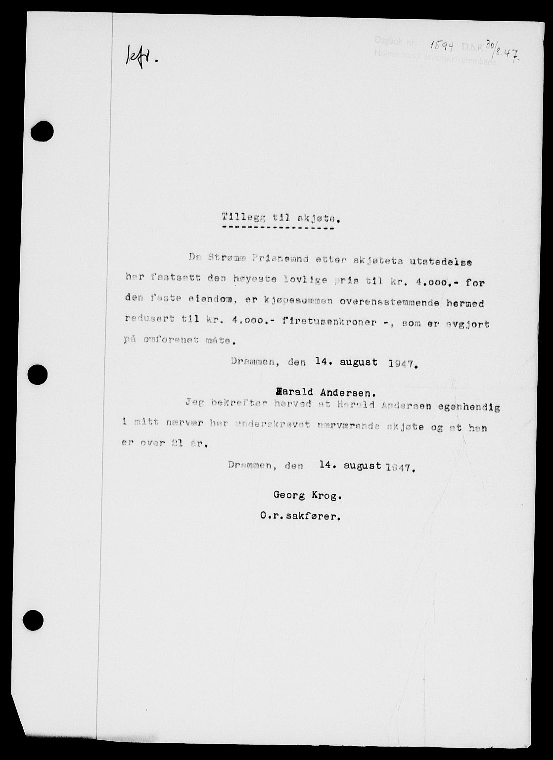 Holmestrand sorenskriveri, SAKO/A-67/G/Ga/Gaa/L0062: Pantebok nr. A-62, 1947-1947, Dagboknr: 1594/1947