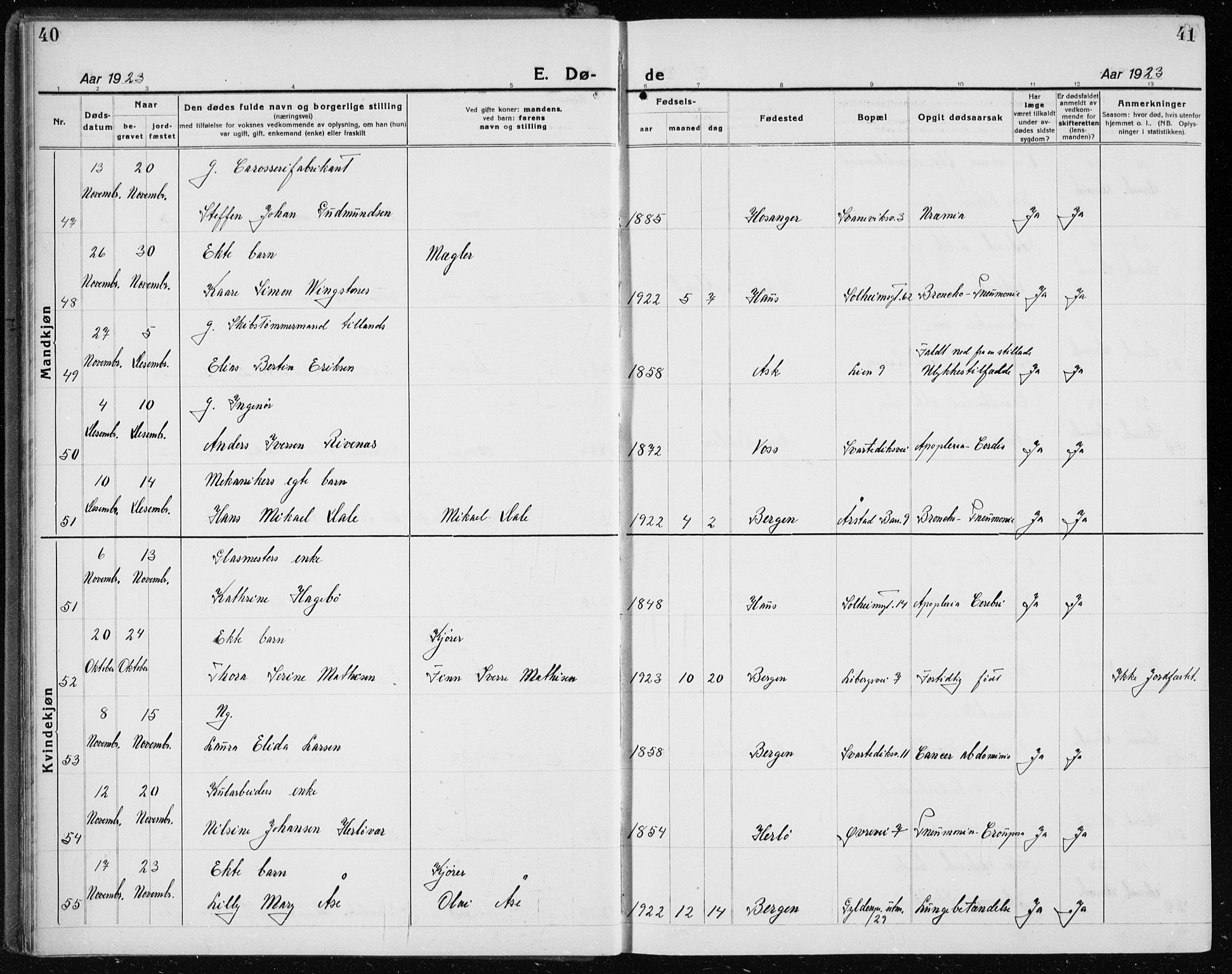 Årstad Sokneprestembete, AV/SAB-A-79301/H/Hab/L0025: Klokkerbok nr. D 2, 1922-1940, s. 40-41