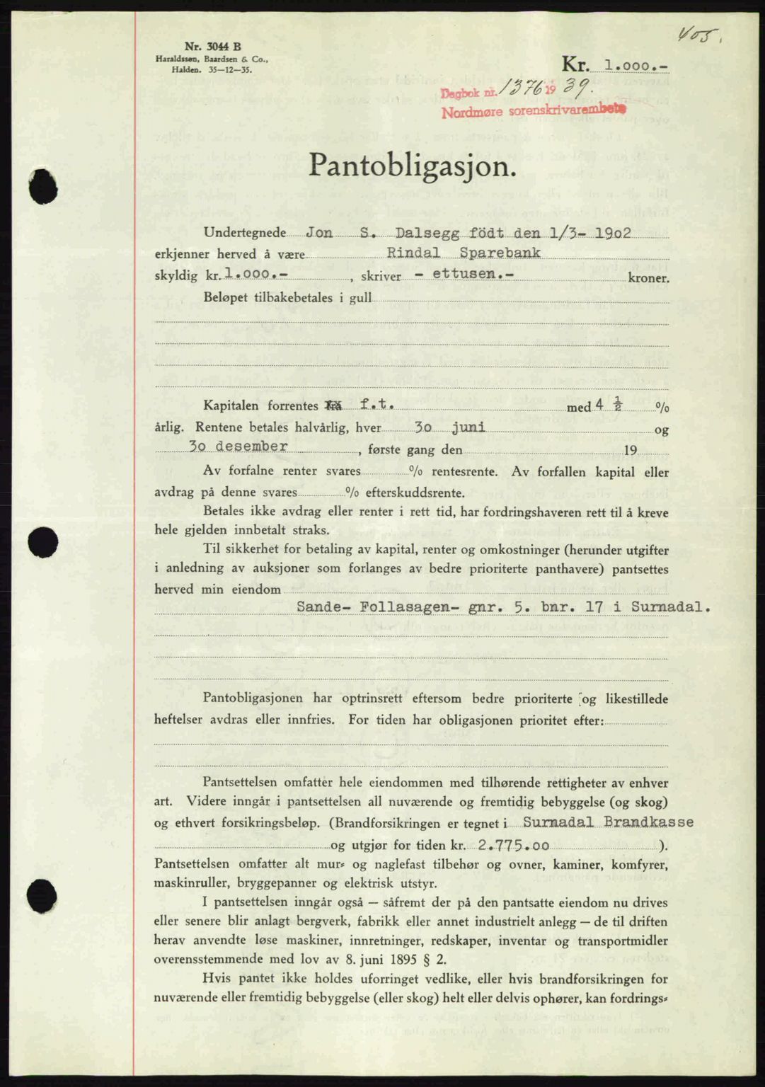 Nordmøre sorenskriveri, AV/SAT-A-4132/1/2/2Ca: Pantebok nr. B85, 1939-1939, Dagboknr: 1376/1939