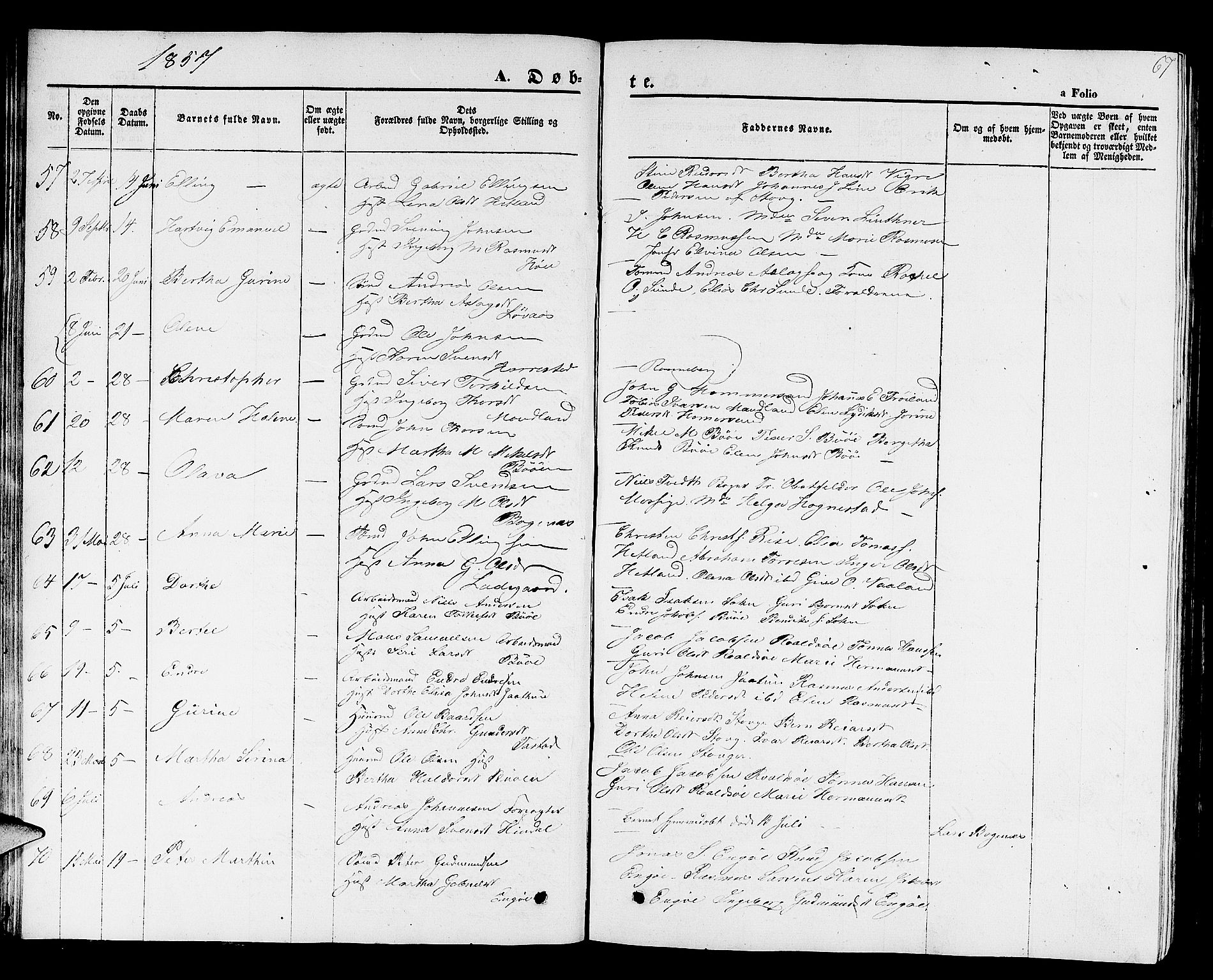 Hetland sokneprestkontor, AV/SAST-A-101826/30/30BB/L0001: Klokkerbok nr. B 1, 1850-1868, s. 67