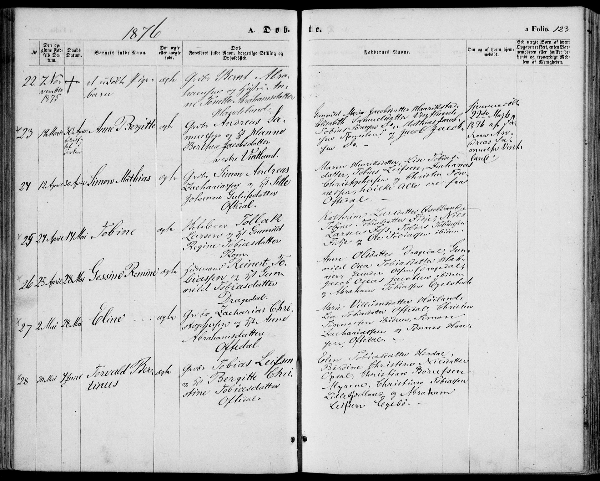 Lyngdal sokneprestkontor, AV/SAK-1111-0029/F/Fa/Fac/L0010: Ministerialbok nr. A 10, 1865-1878, s. 123