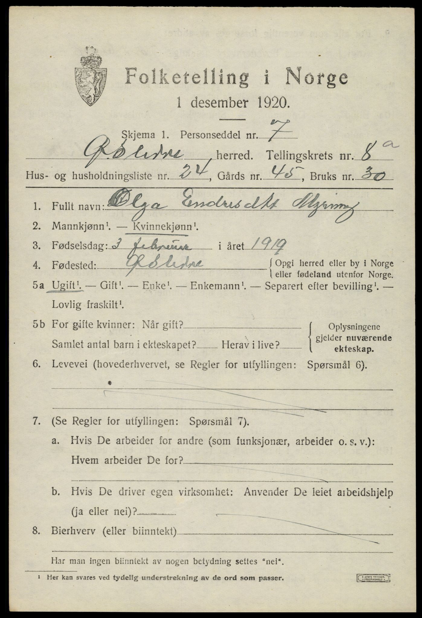 SAH, Folketelling 1920 for 0544 Øystre Slidre herred, 1920, s. 5009