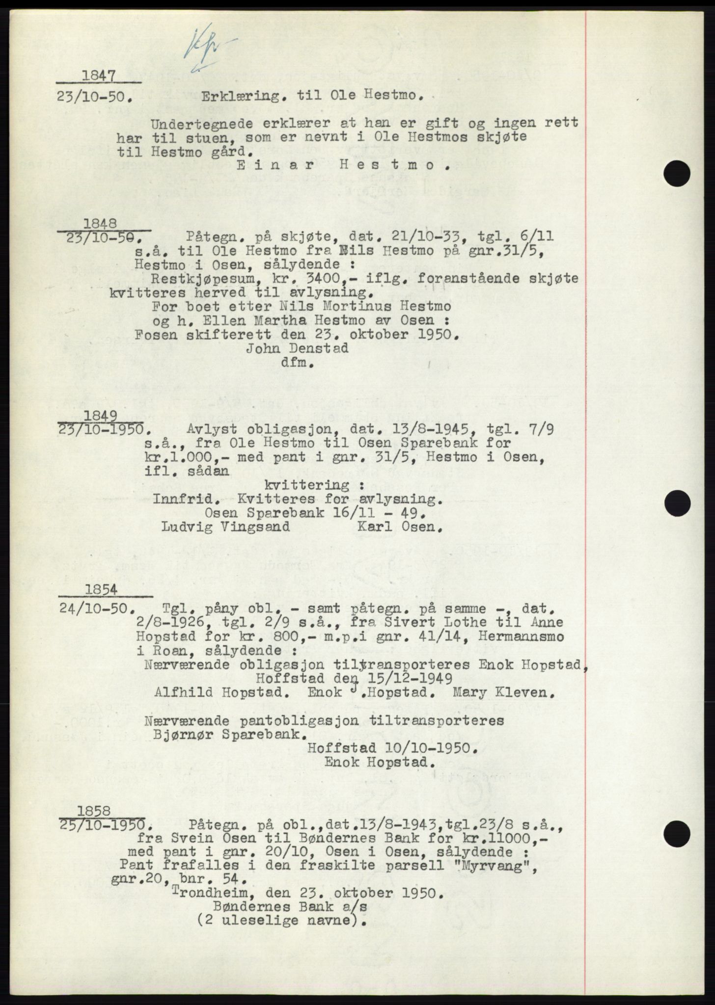 Fosen sorenskriveri, AV/SAT-A-1107/1/2/2C: Pantebok nr. B3, 1948-1950, Dagboknr: 1847/1950