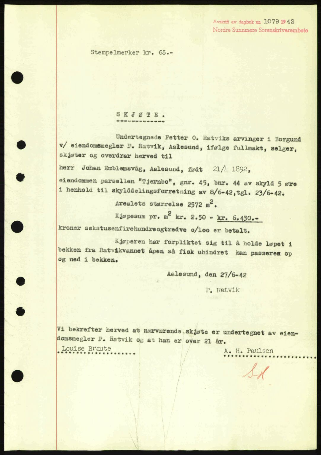 Nordre Sunnmøre sorenskriveri, SAT/A-0006/1/2/2C/2Ca: Pantebok nr. A14, 1942-1942, Dagboknr: 1079/1942