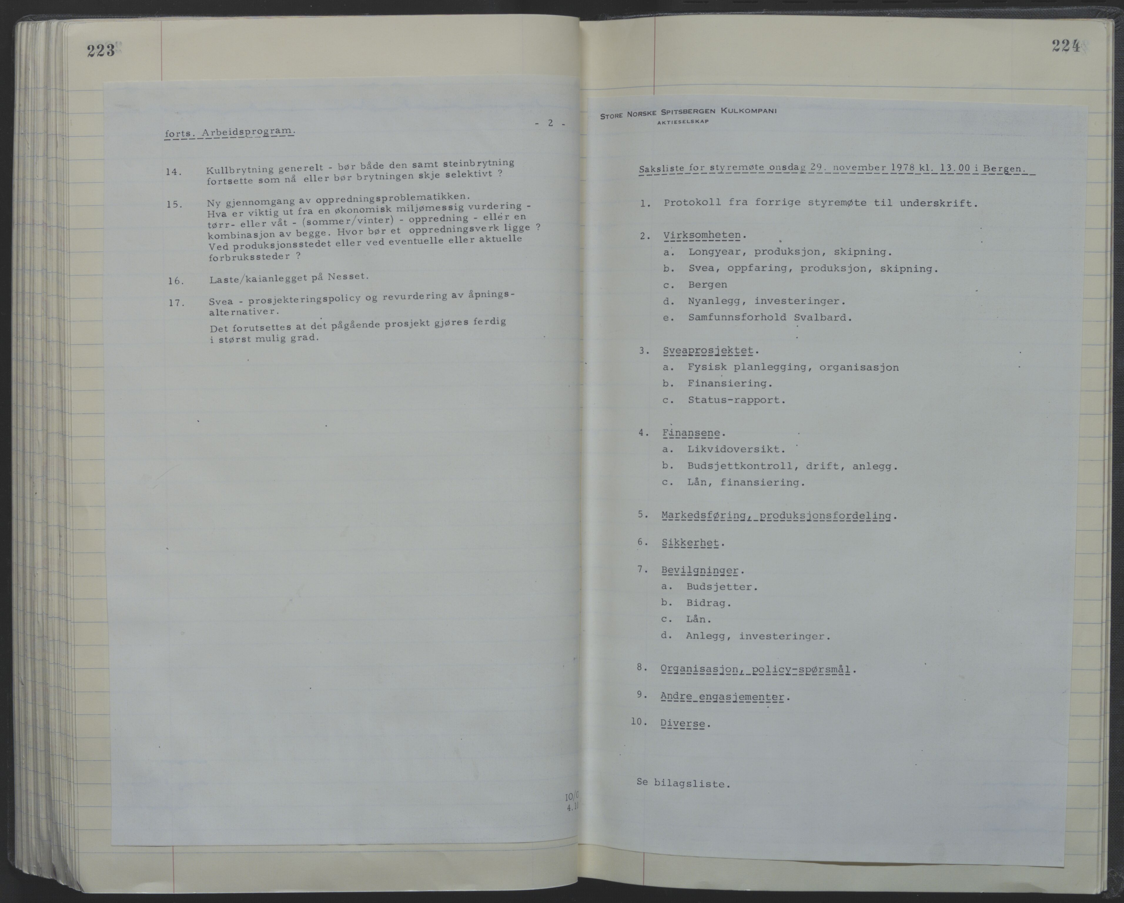 Store Norske Spitsbergen Kulkompani A/S, AV/SATØ-P-0073/09/A/Ab/Aba/L0001: Styreprotokoll 6, 1970-1979, s. 223-224