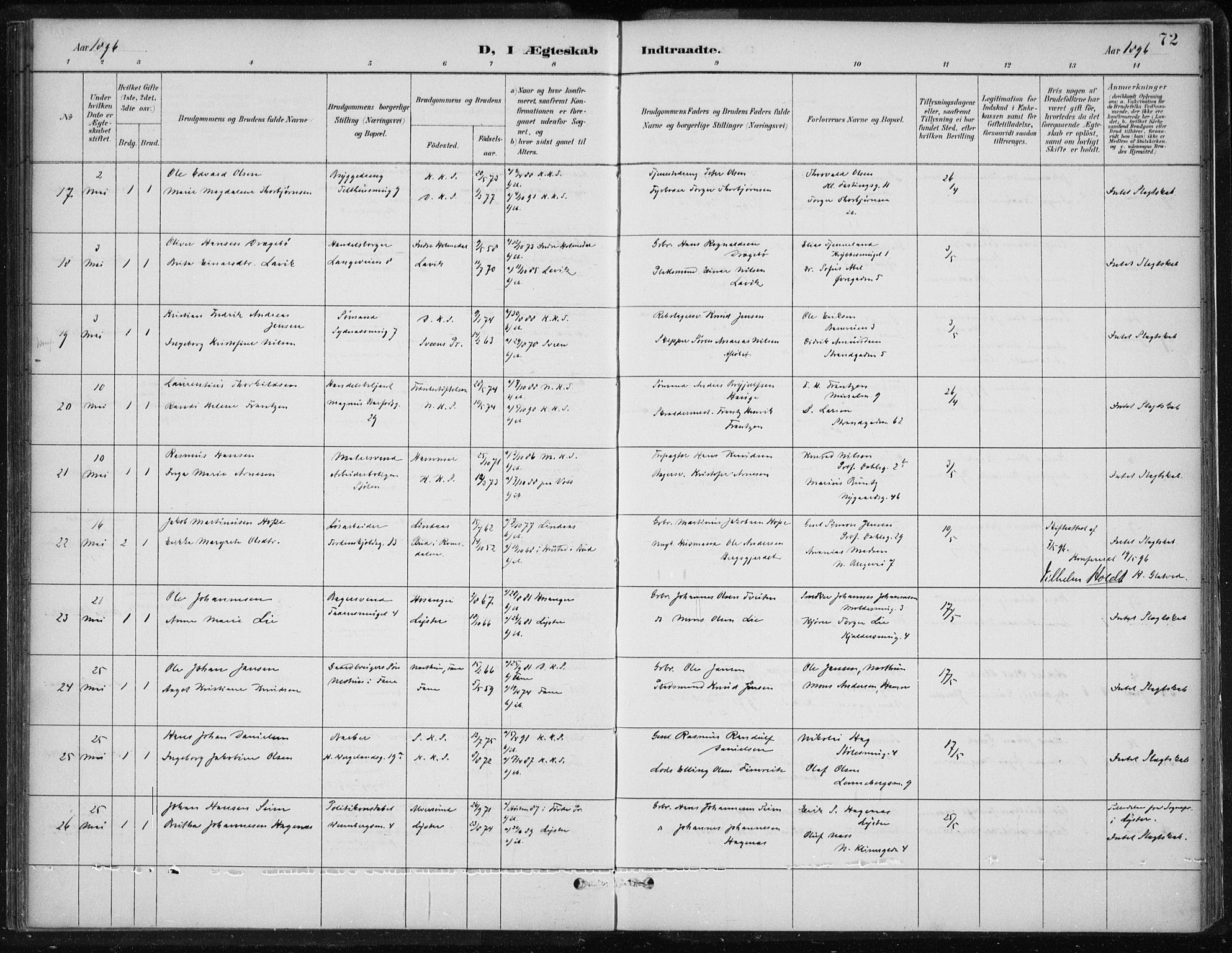 Korskirken sokneprestembete, AV/SAB-A-76101/H/Hab: Klokkerbok nr. D 3, 1887-1906, s. 72