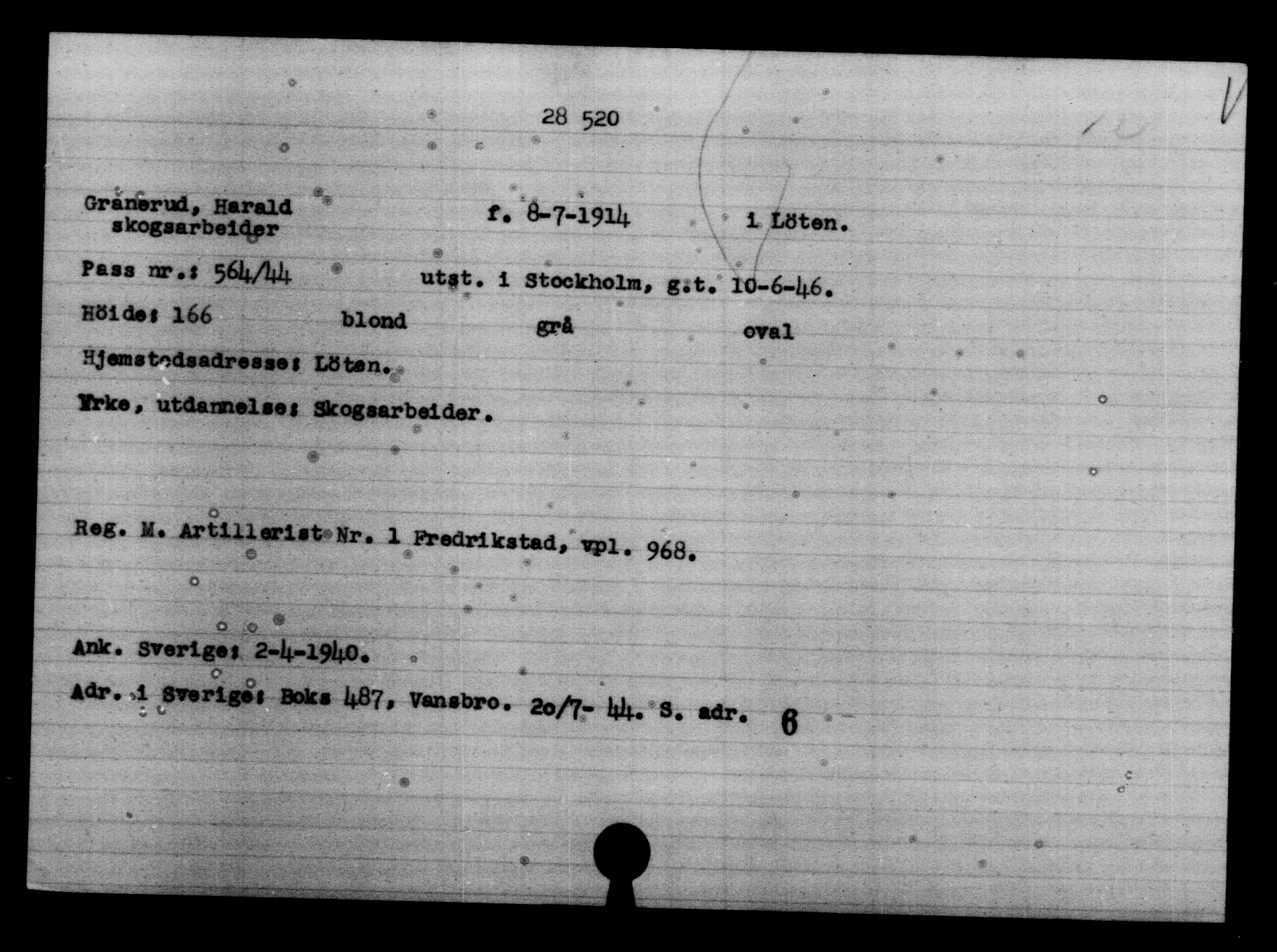 Den Kgl. Norske Legasjons Flyktningskontor, RA/S-6753/V/Va/L0012: Kjesäterkartoteket.  Flyktningenr. 28300-31566, 1940-1945, s. 242