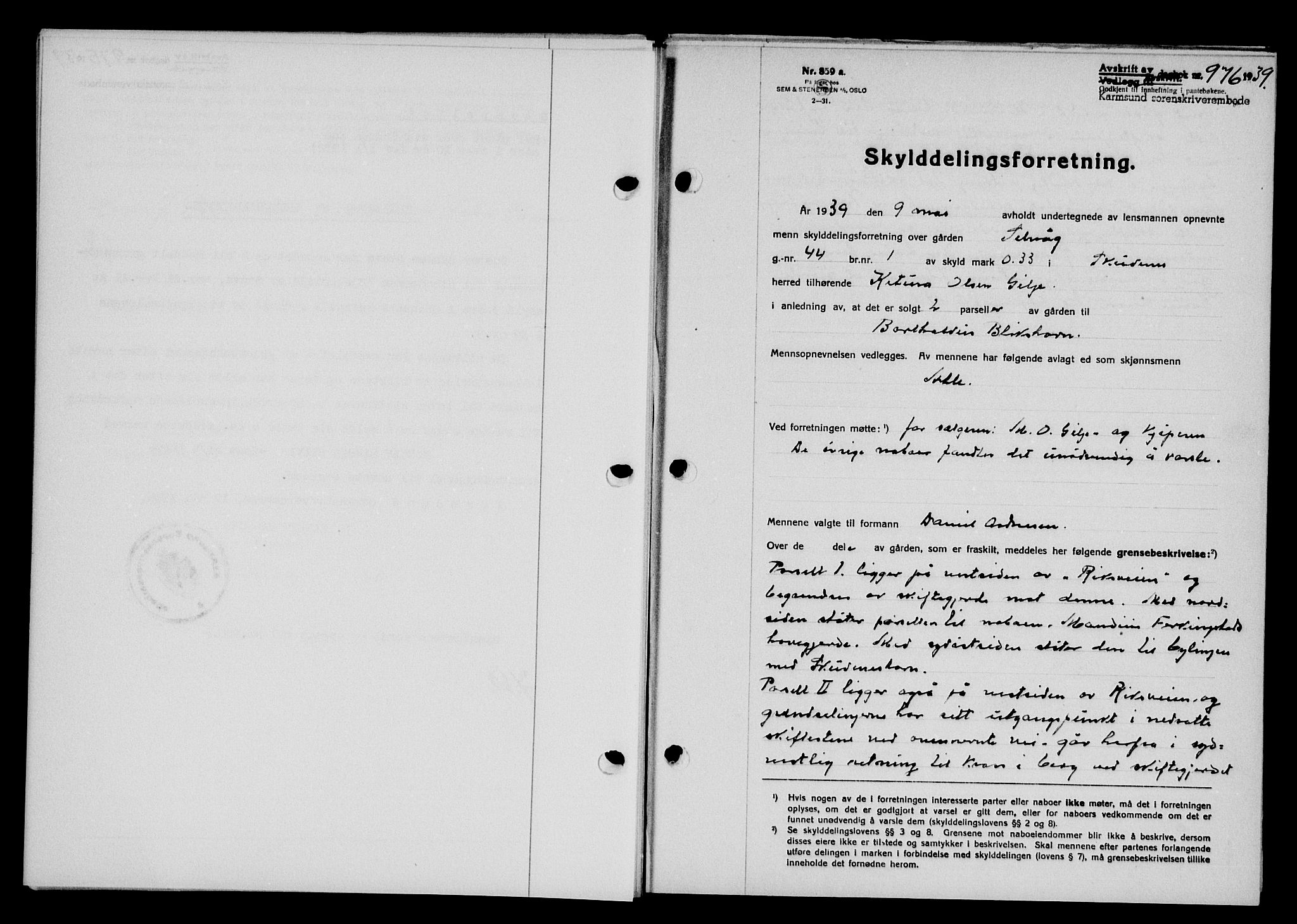 Karmsund sorenskriveri, SAST/A-100311/01/II/IIB/L0071: Pantebok nr. 52A, 1939-1939, Dagboknr: 976/1939