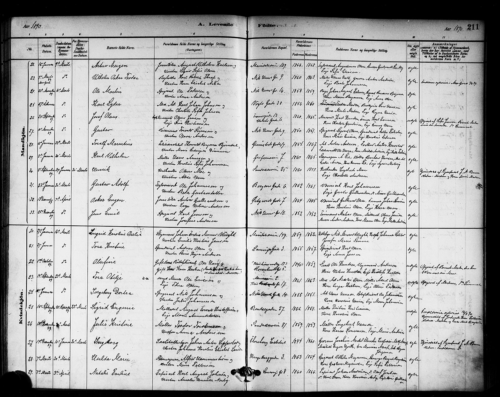 Sagene prestekontor Kirkebøker, AV/SAO-A-10796/G/L0001: Klokkerbok nr. 1, 1880-1891, s. 211