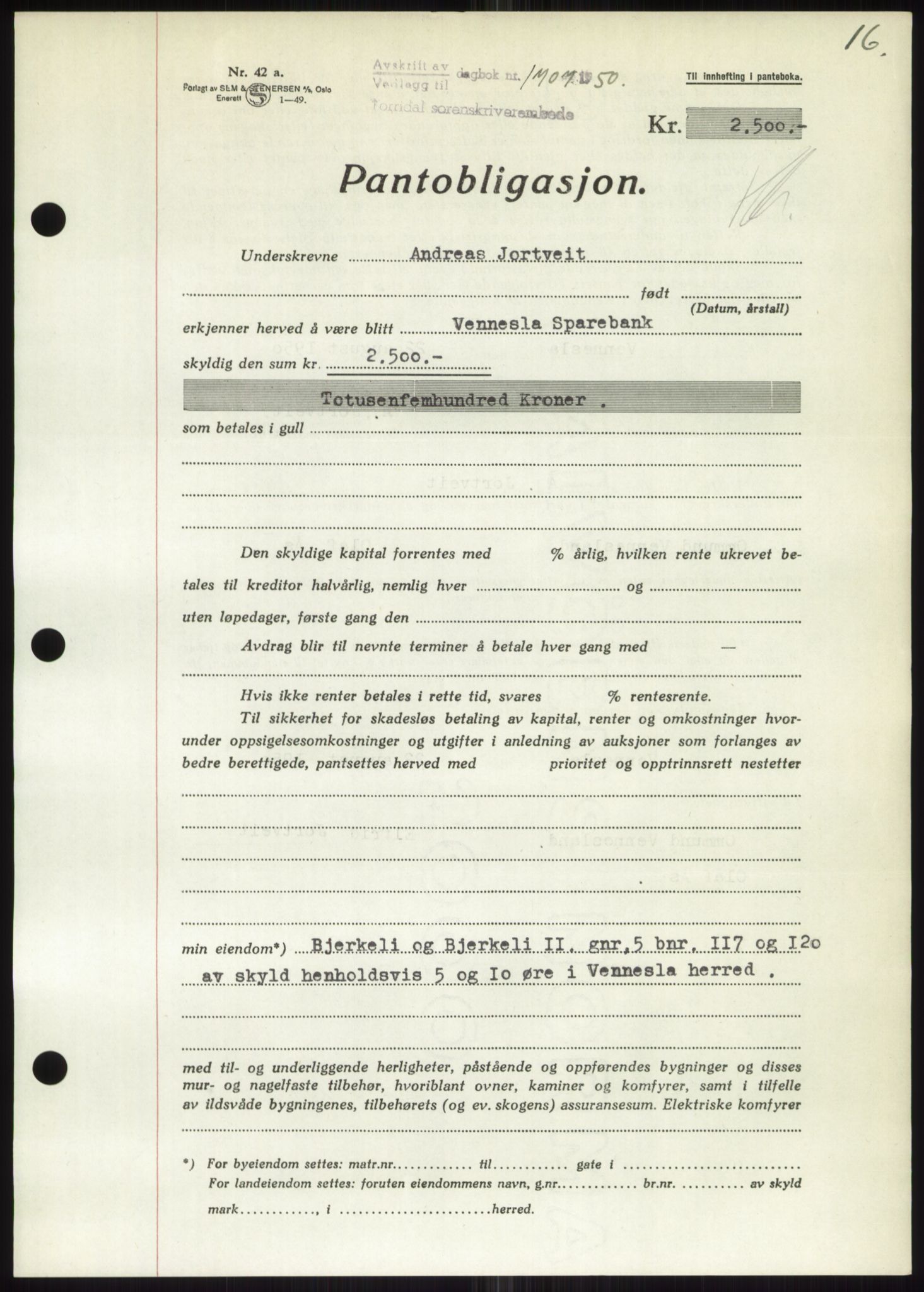 Torridal sorenskriveri, SAK/1221-0012/G/Gb/Gbb/L0020: Pantebok nr. 63B, 1950-1950, Dagboknr: 1707/1950