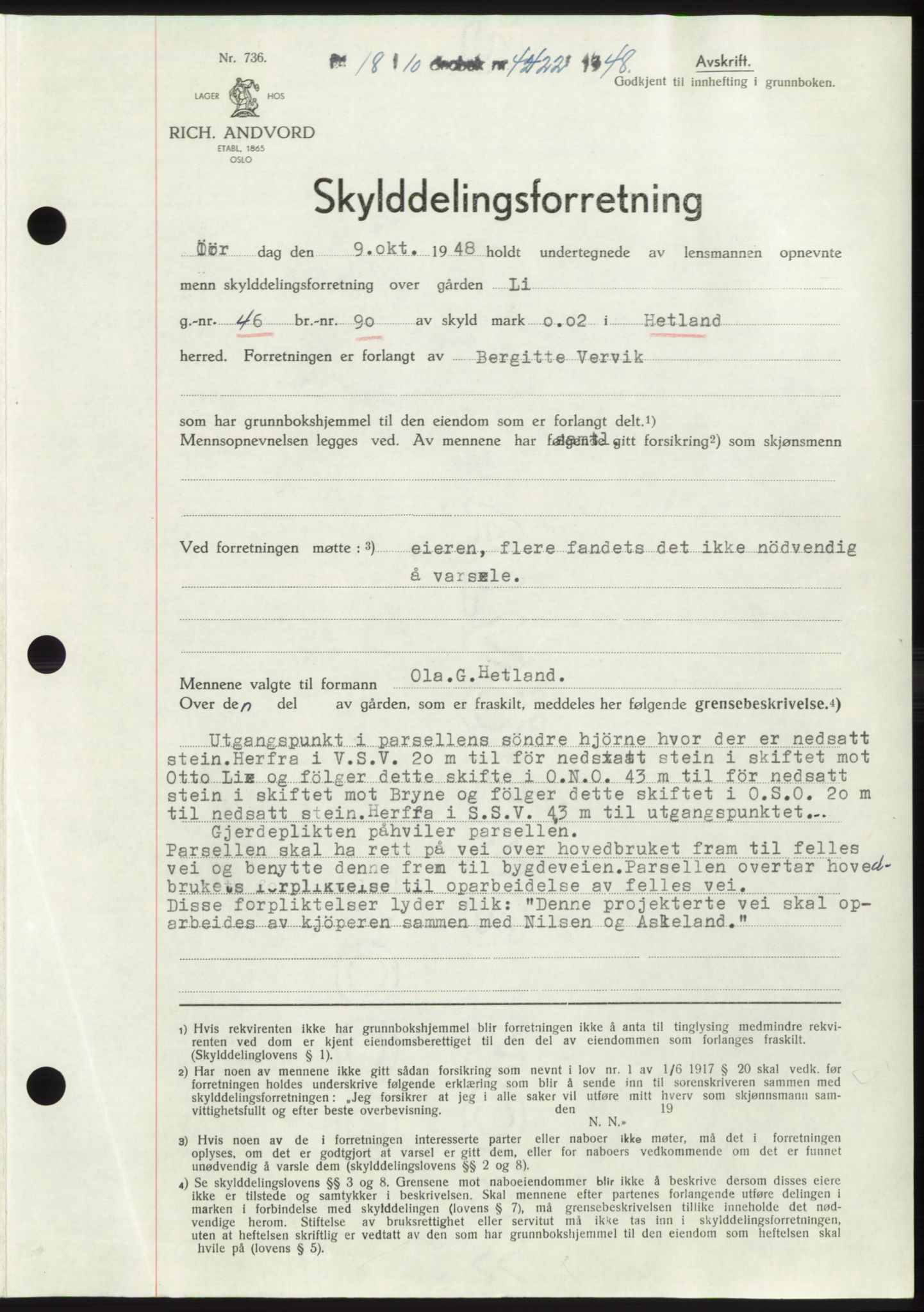Jæren sorenskriveri, SAST/A-100310/03/G/Gba/L0100: Pantebok, 1948-1948, Dagboknr: 4422/1948
