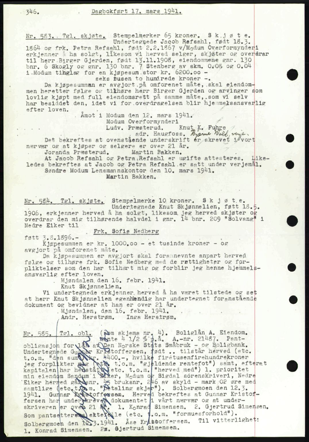 Eiker, Modum og Sigdal sorenskriveri, SAKO/A-123/G/Ga/Gab/L0043: Pantebok nr. A13, 1940-1941, Dagboknr: 583/1941