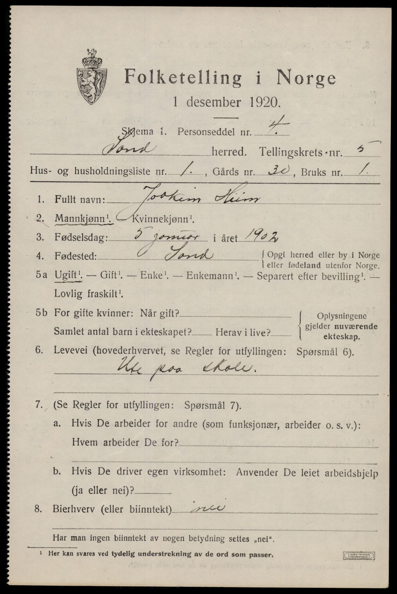 SAST, Folketelling 1920 for 1136 Sand herred, 1920, s. 1893