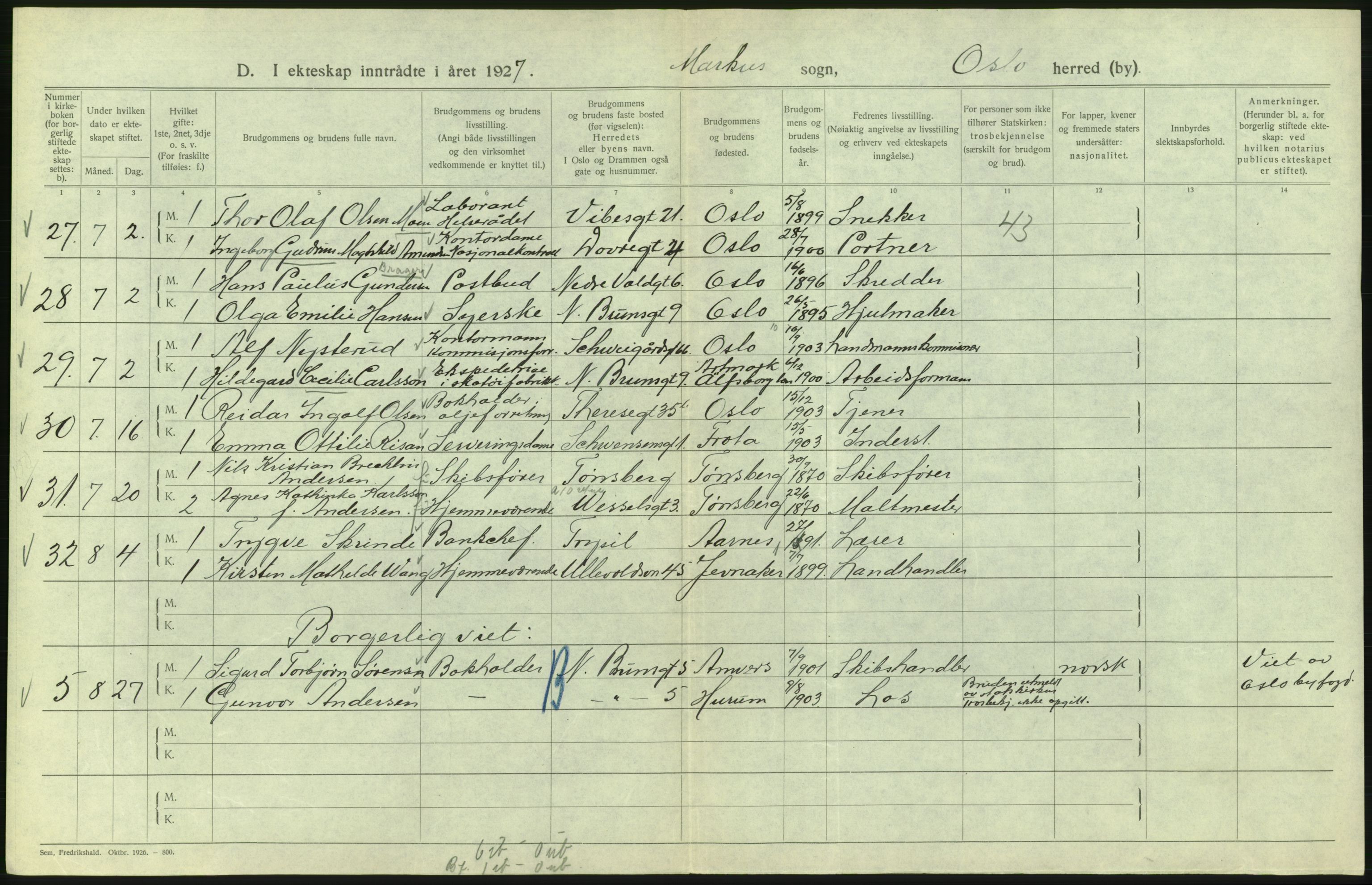 Statistisk sentralbyrå, Sosiodemografiske emner, Befolkning, AV/RA-S-2228/D/Df/Dfc/Dfcg/L0008: Oslo: Gifte, 1927, s. 326