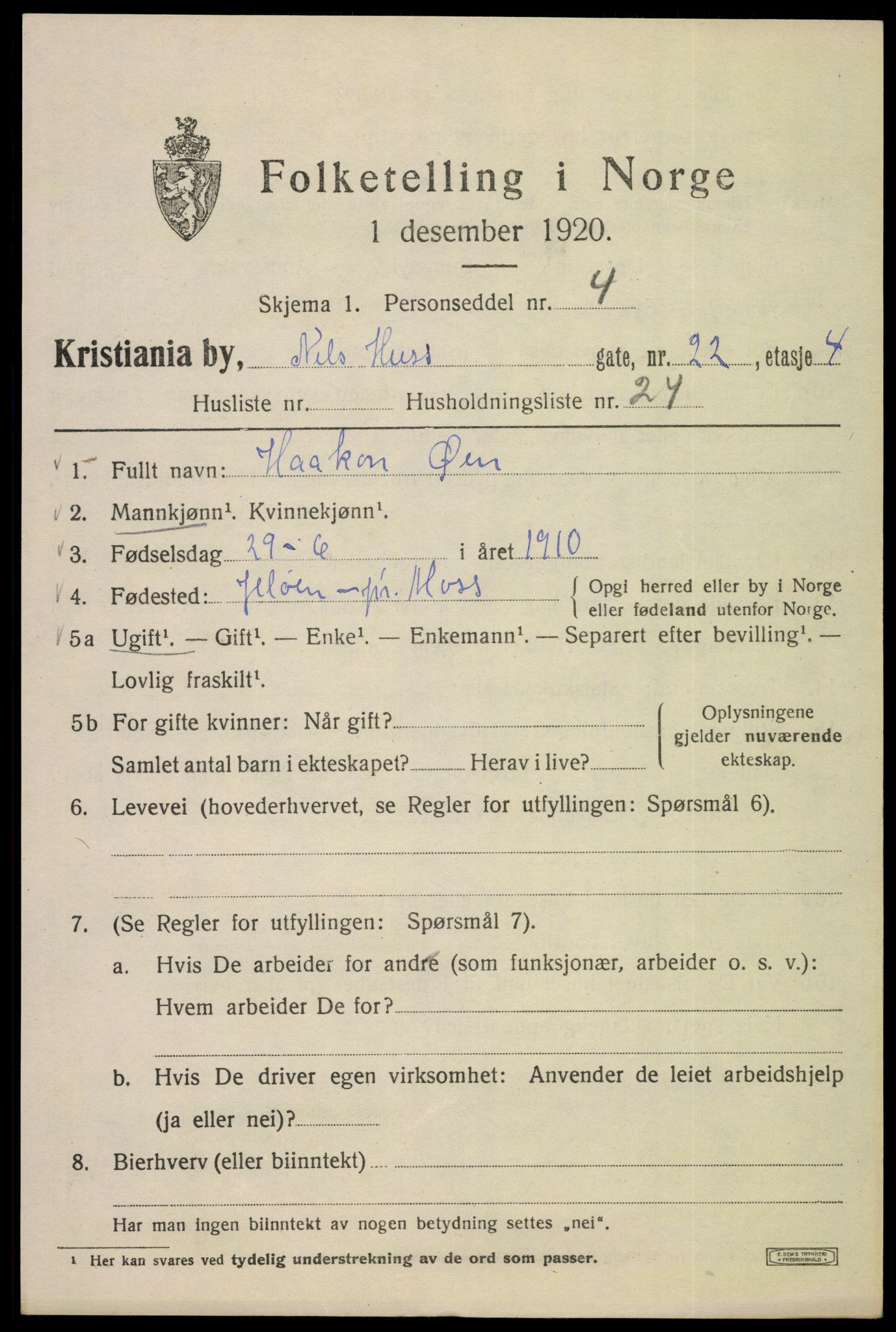 SAO, Folketelling 1920 for 0301 Kristiania kjøpstad, 1920, s. 414003