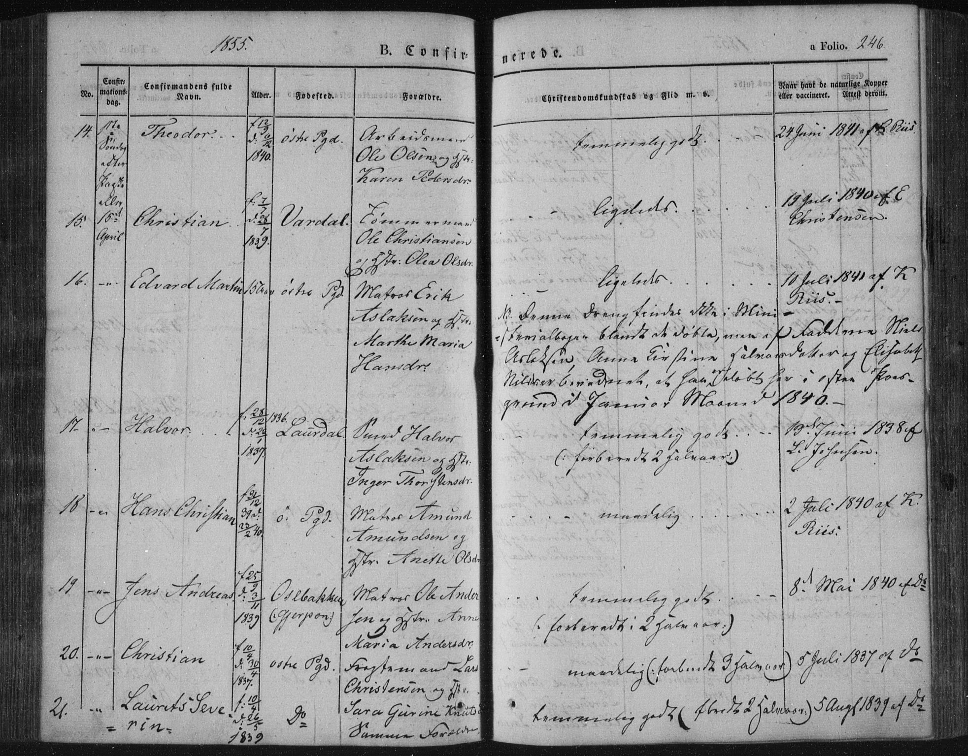 Porsgrunn kirkebøker , AV/SAKO-A-104/F/Fa/L0006: Ministerialbok nr. 6, 1841-1857, s. 246