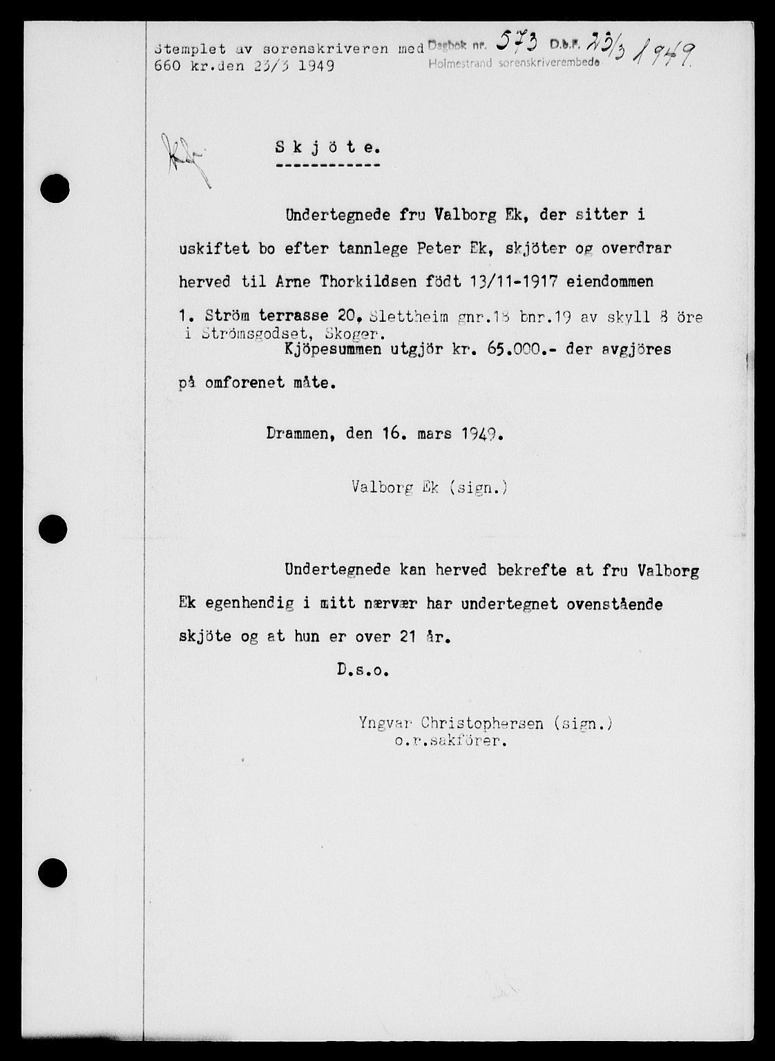 Holmestrand sorenskriveri, SAKO/A-67/G/Ga/Gaa/L0066: Pantebok nr. A-66, 1949-1949, Dagboknr: 573/1949